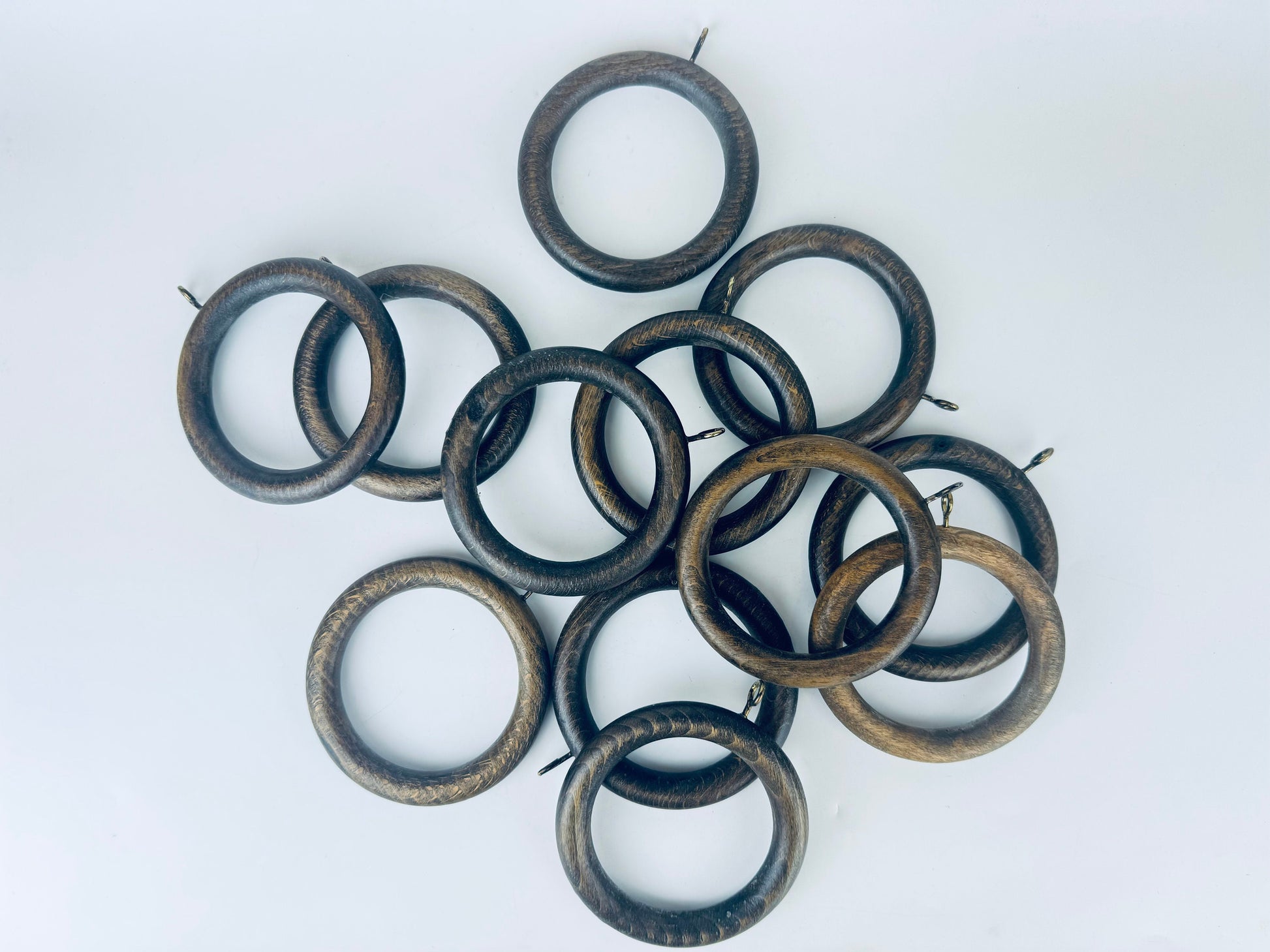 Product image for 'vintage macrame curtain wood metal ring holders set of twelve 12 two sizes available sets sold separately' (view 4b0778)