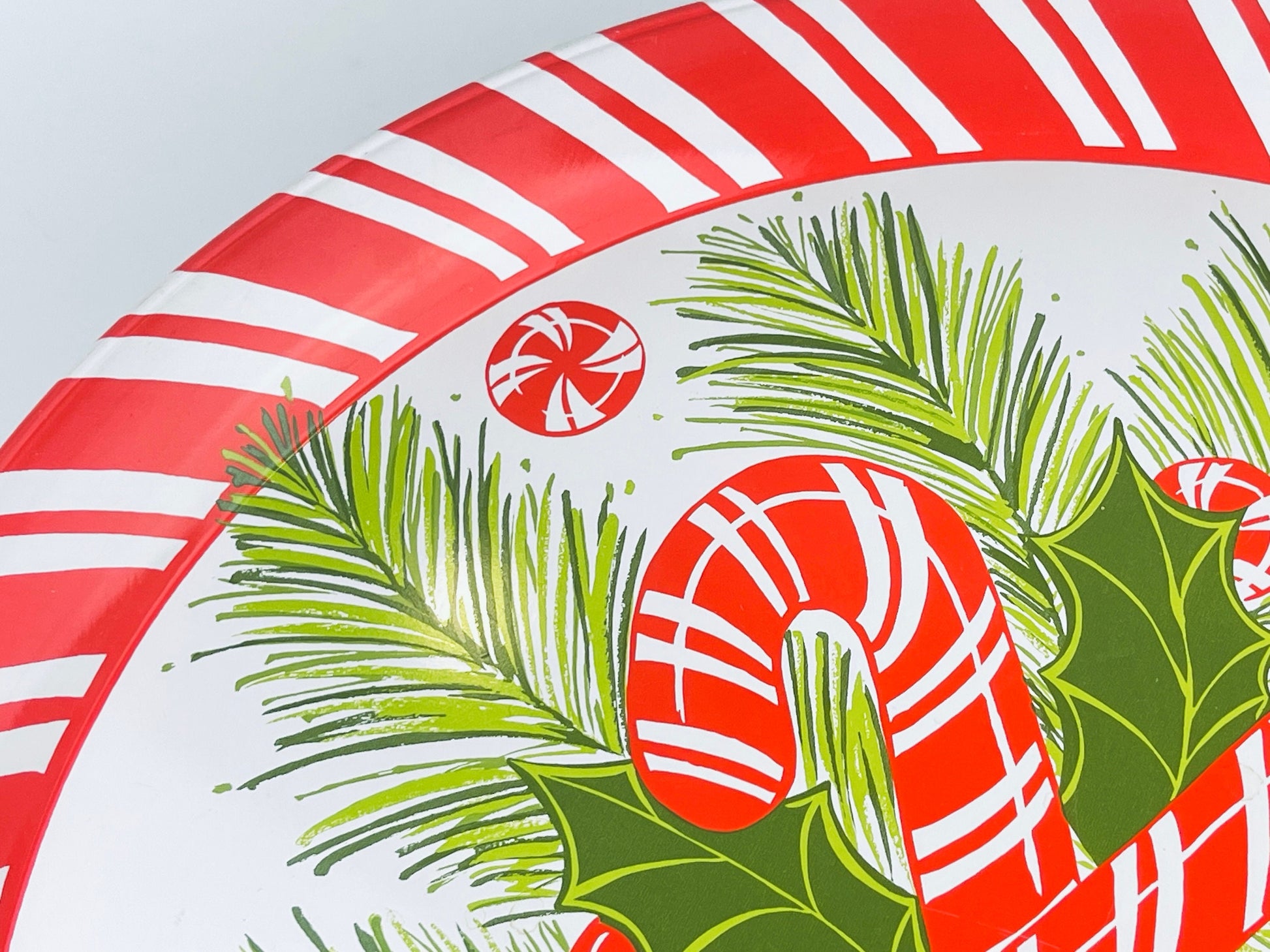 Product image for 'vintage christmas candy cane peppermint candy circular metal tray made in usa by hallmark' (view a795ad)