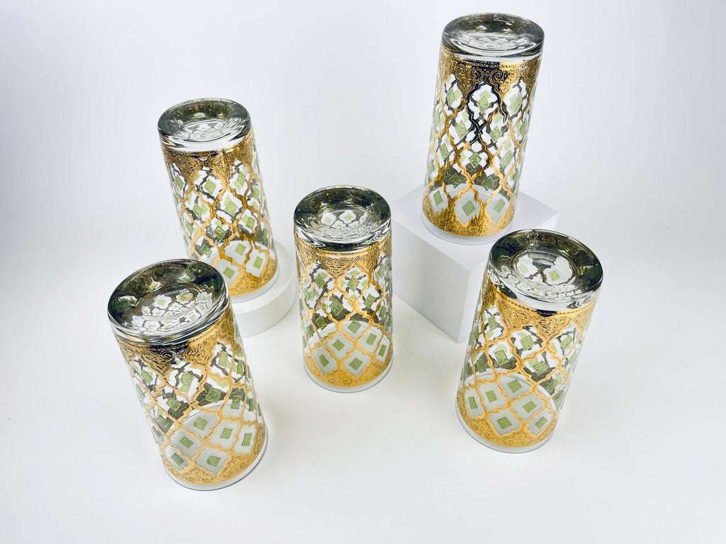 Product image for 'vintage culver tyrol valencia 22 kt gold emerald green diamond pattern barware glasses set of five 5 barware gift' (view 485a20)