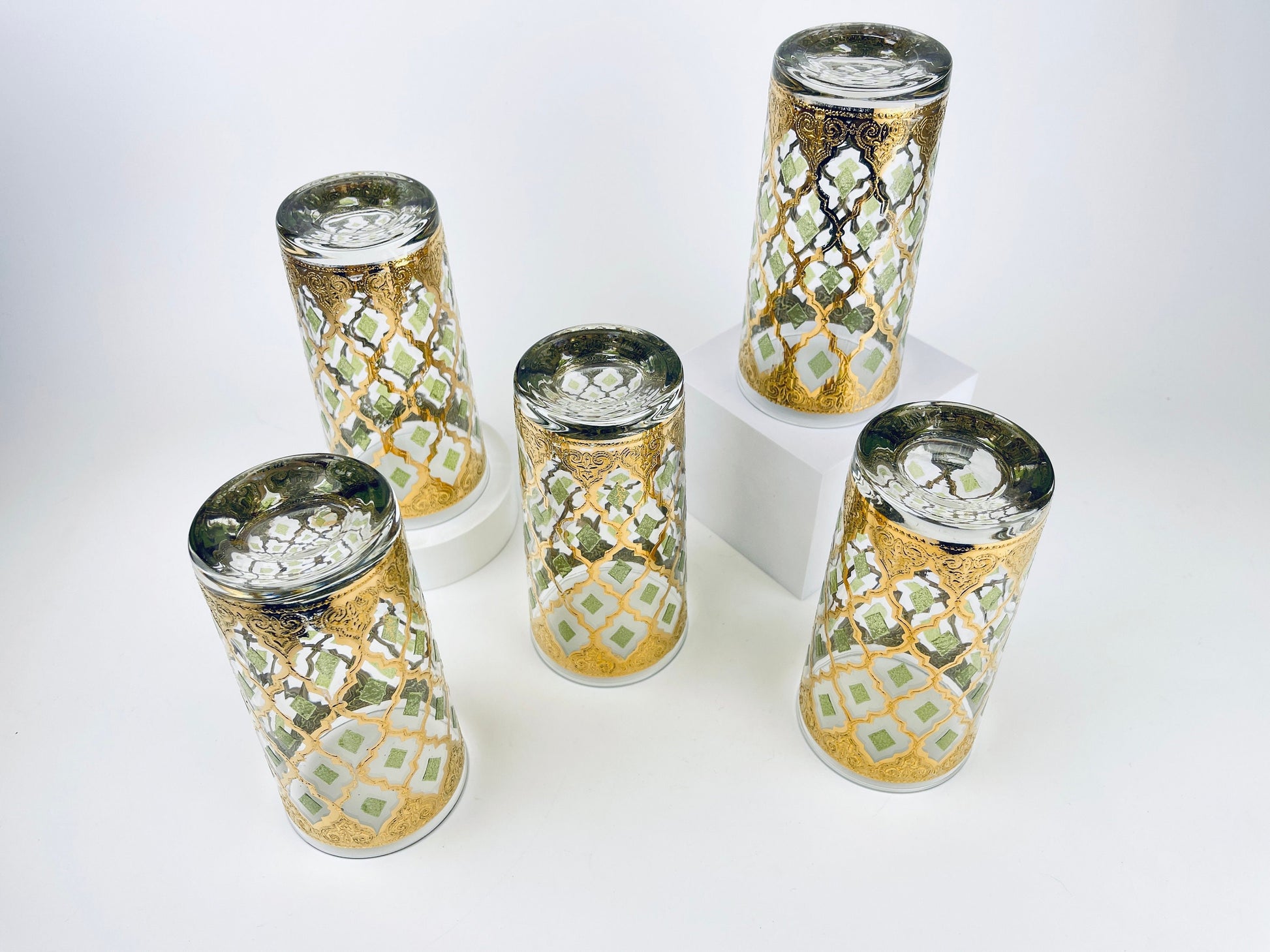 Product image for 'vintage culver tyrol valencia 22 kt gold emerald green diamond pattern barware glasses set of five 5 barware gift' (view 485a20)