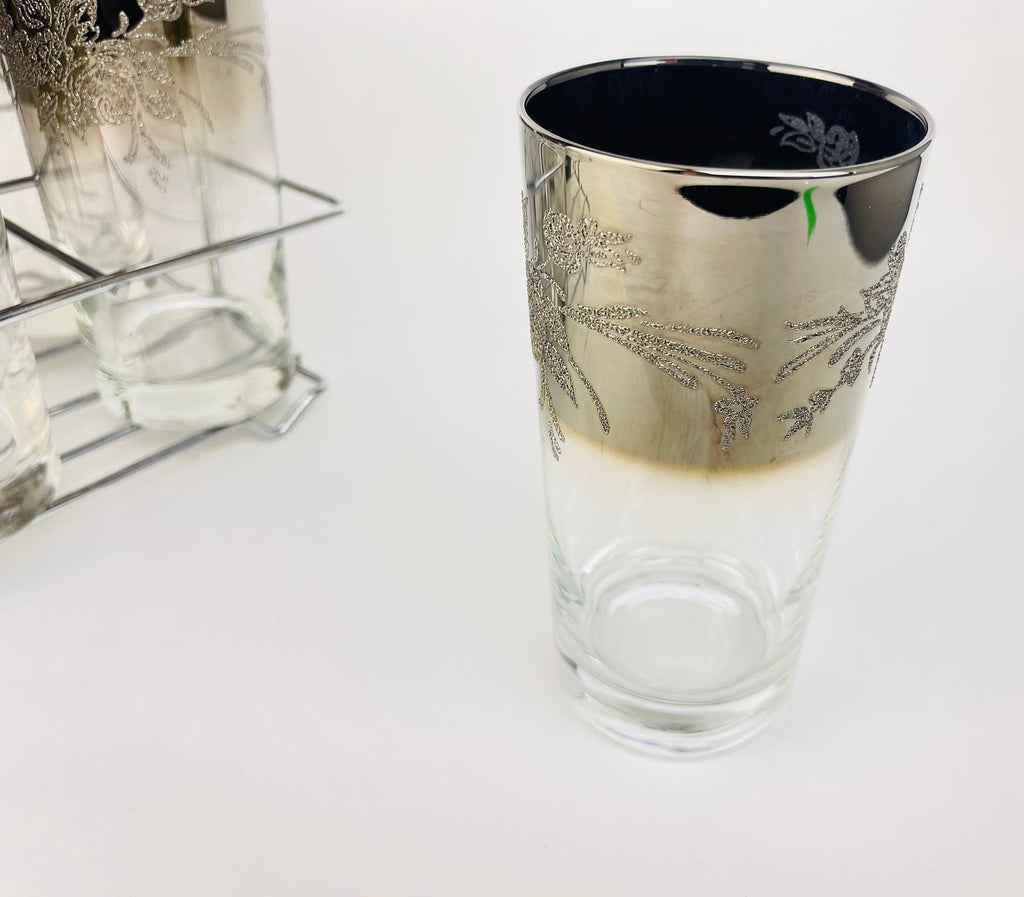 Product image for 'vintage dorothy thorpe silver ombre fade highball glass set rose flower embossed top metal chrome caddy set of six 6' (view 6e9e4f)
