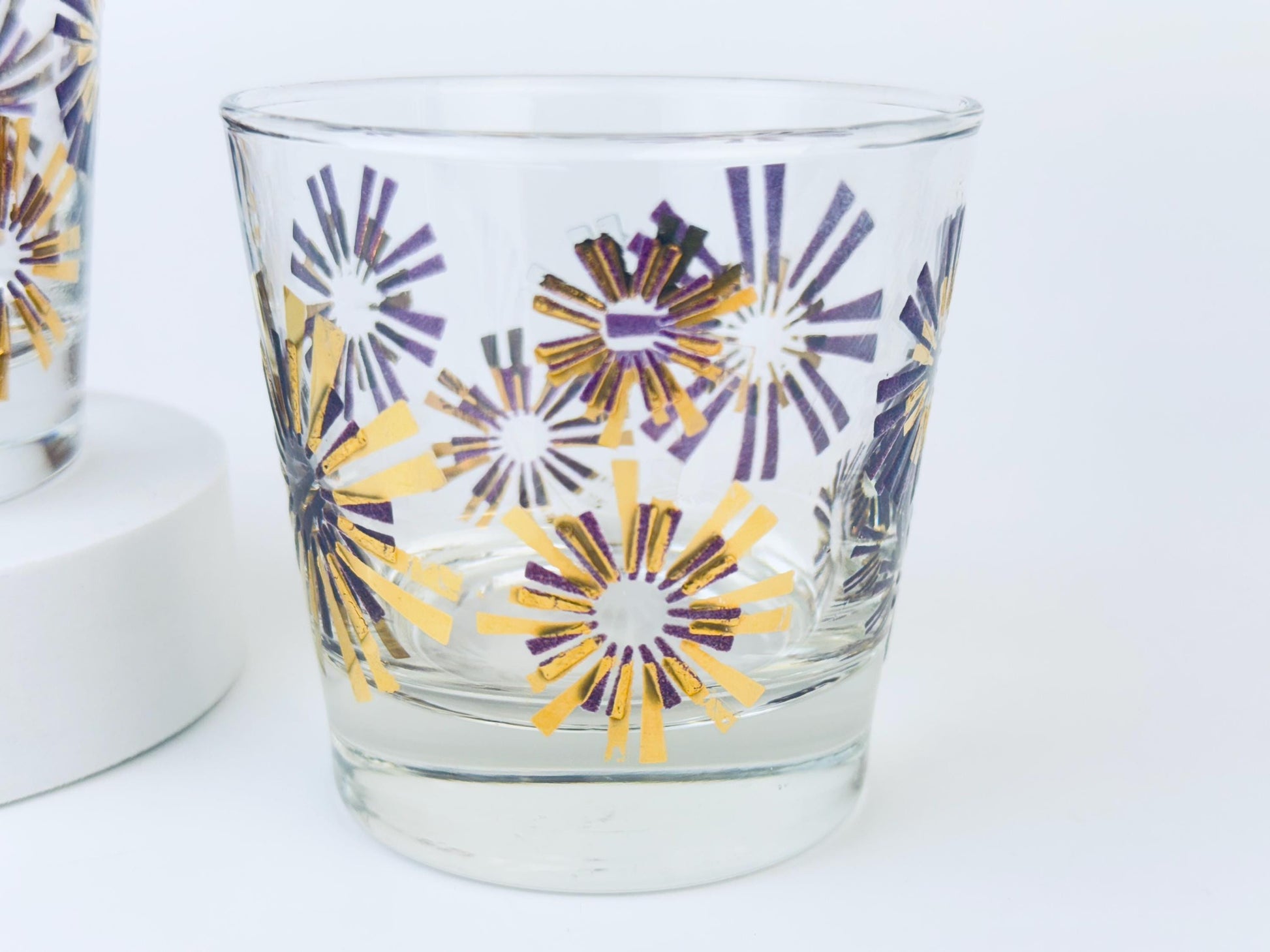 Product image for 'vintage libbey gold purple atomic starburst low ball drinking glasses set of two 2' (view aa6c98)