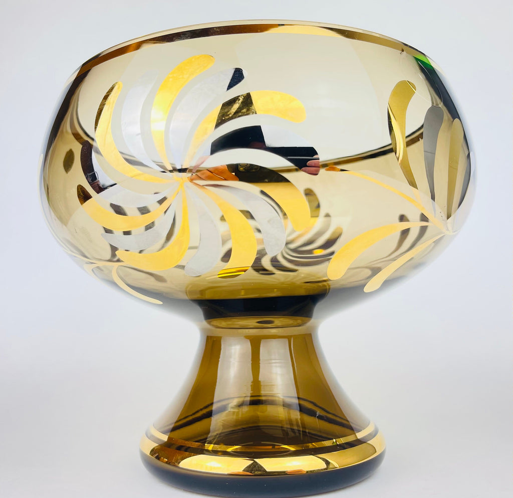 Product image for 'vintage bohemian footed glass compote bowl smokey gold art glass with floral motif made in czechoslovakia' (view 7a1f68)
