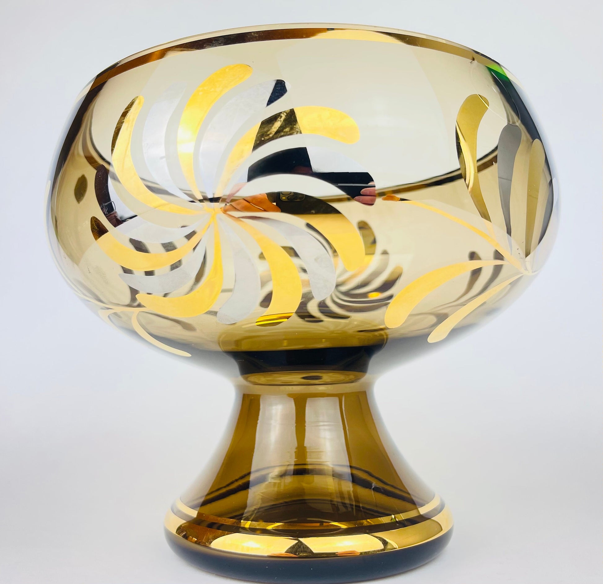 Product image for 'vintage bohemian footed glass compote bowl smokey gold art glass with floral motif made in czechoslovakia' (view 7a1f68)