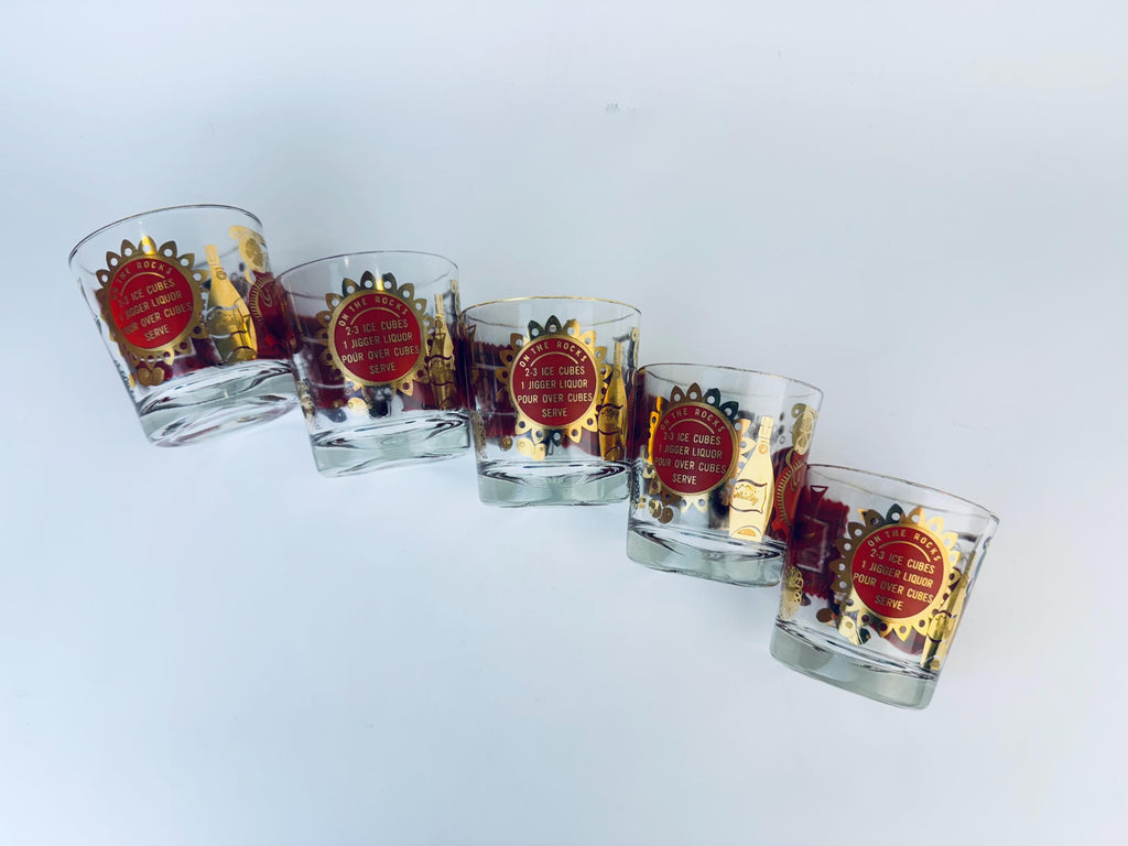 Product image for 'vintage jeanette glass heres how red and gold old fashioned glasses set of five 5' (view 8c95b4)