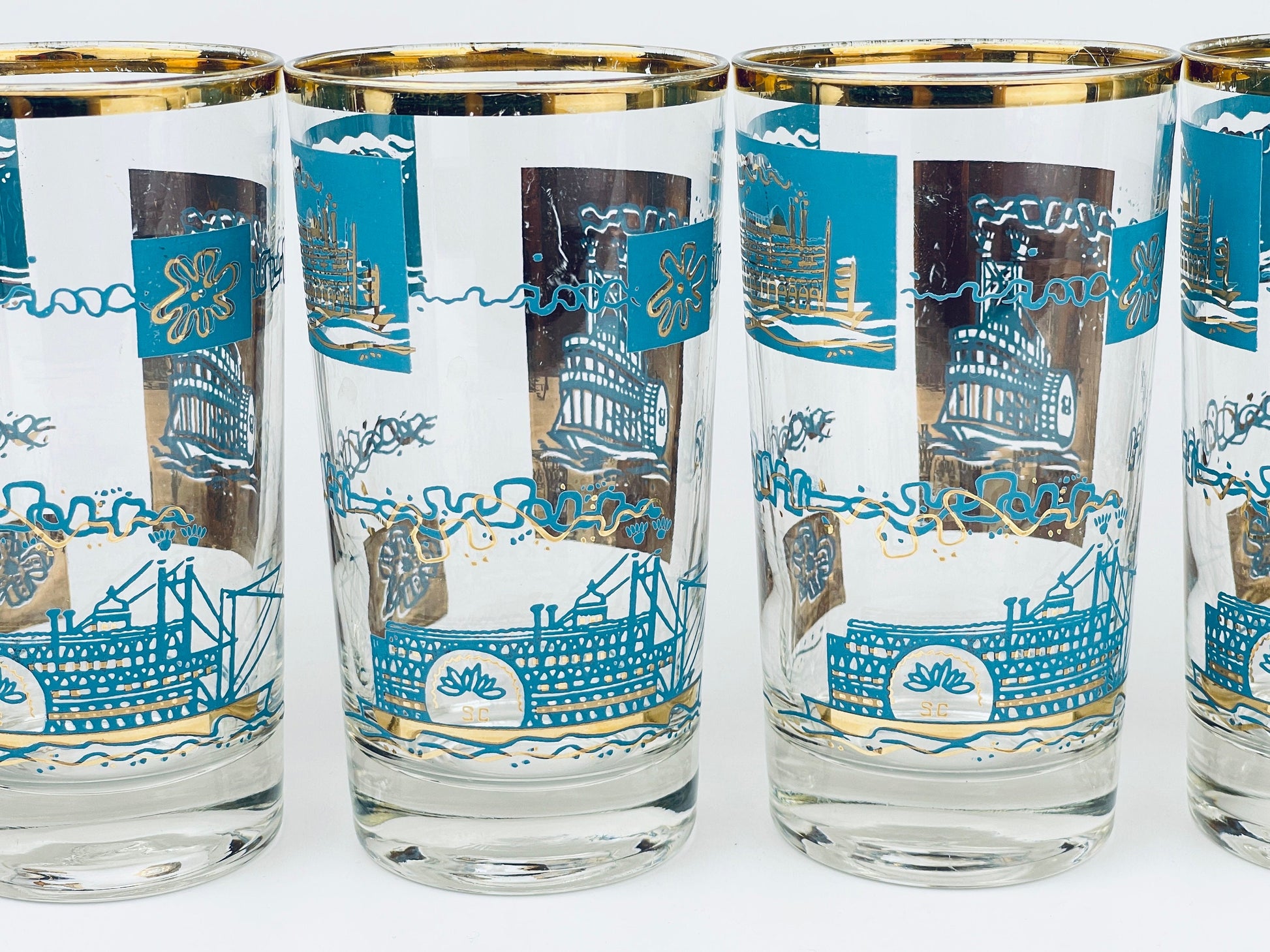 Product image for 'vintage mcm riverboat highball glass barware set set of six 6 22 kt gold aqua teal southern comfort libbey glassware' (view ce3059)