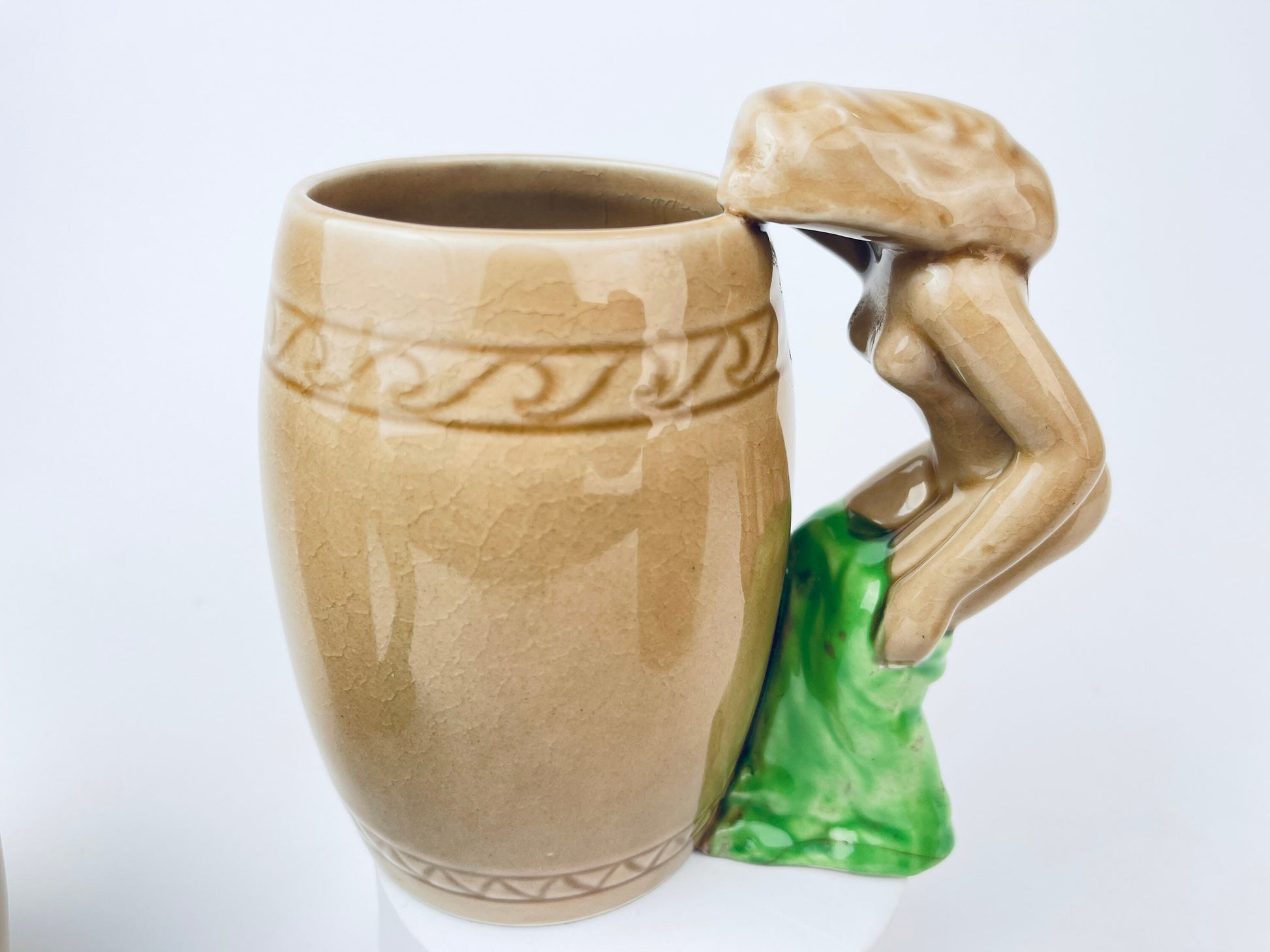 Product image for 'vintage risque nude woman barrel shaped brown ceramic mug sold individually groomsmen barware gift made in japan 1' (view fed4ce)