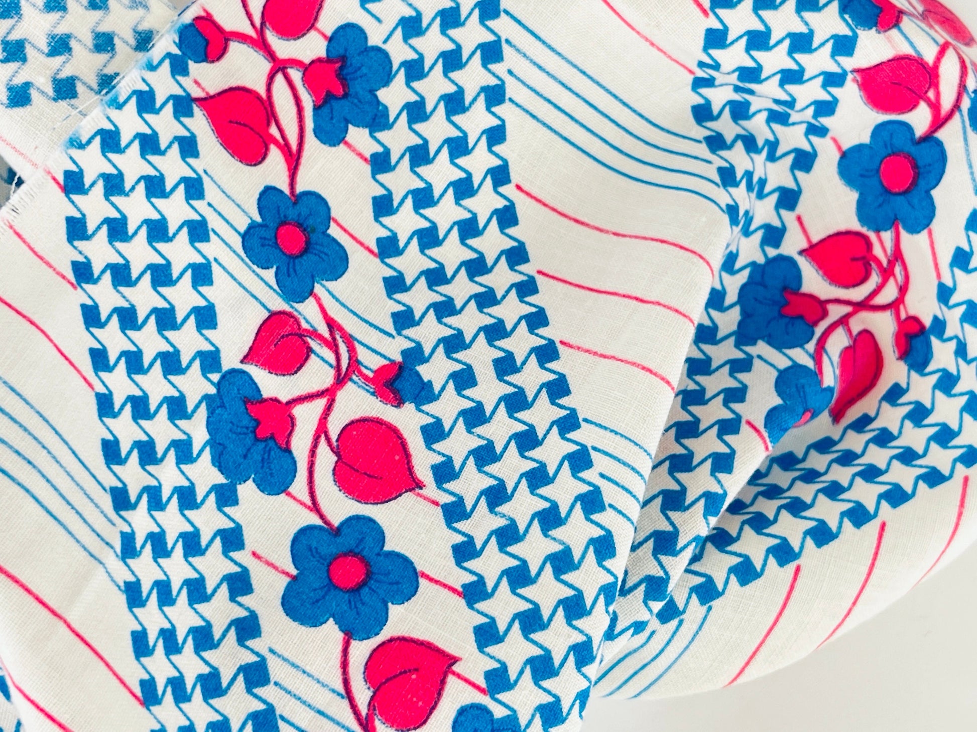 Product image for 'vintage 70s blue pink floral striped polyester fabric 45 x 104' (view a9ff0a)
