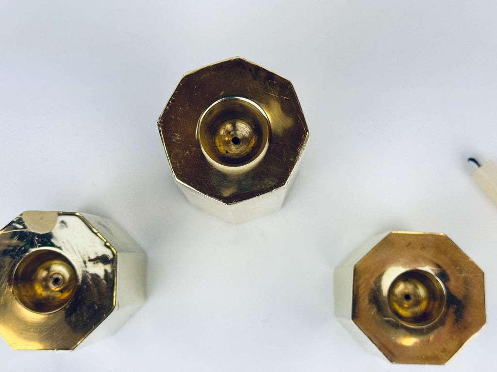 Product image for 'vintage hexagonal solid brass candle stick holders set of three 3' (view edc61a)