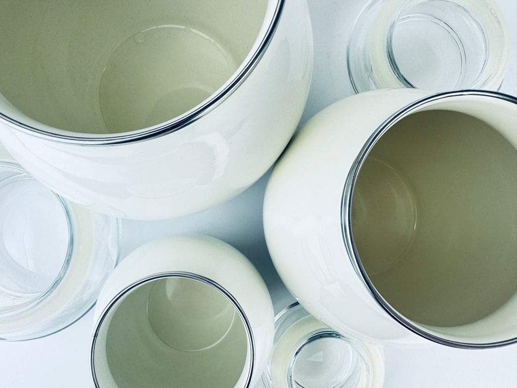 Product image for 'vintage ikea beige blue striped enamelled metal round airtight countertop canister set set of three 3' (view a3193d)