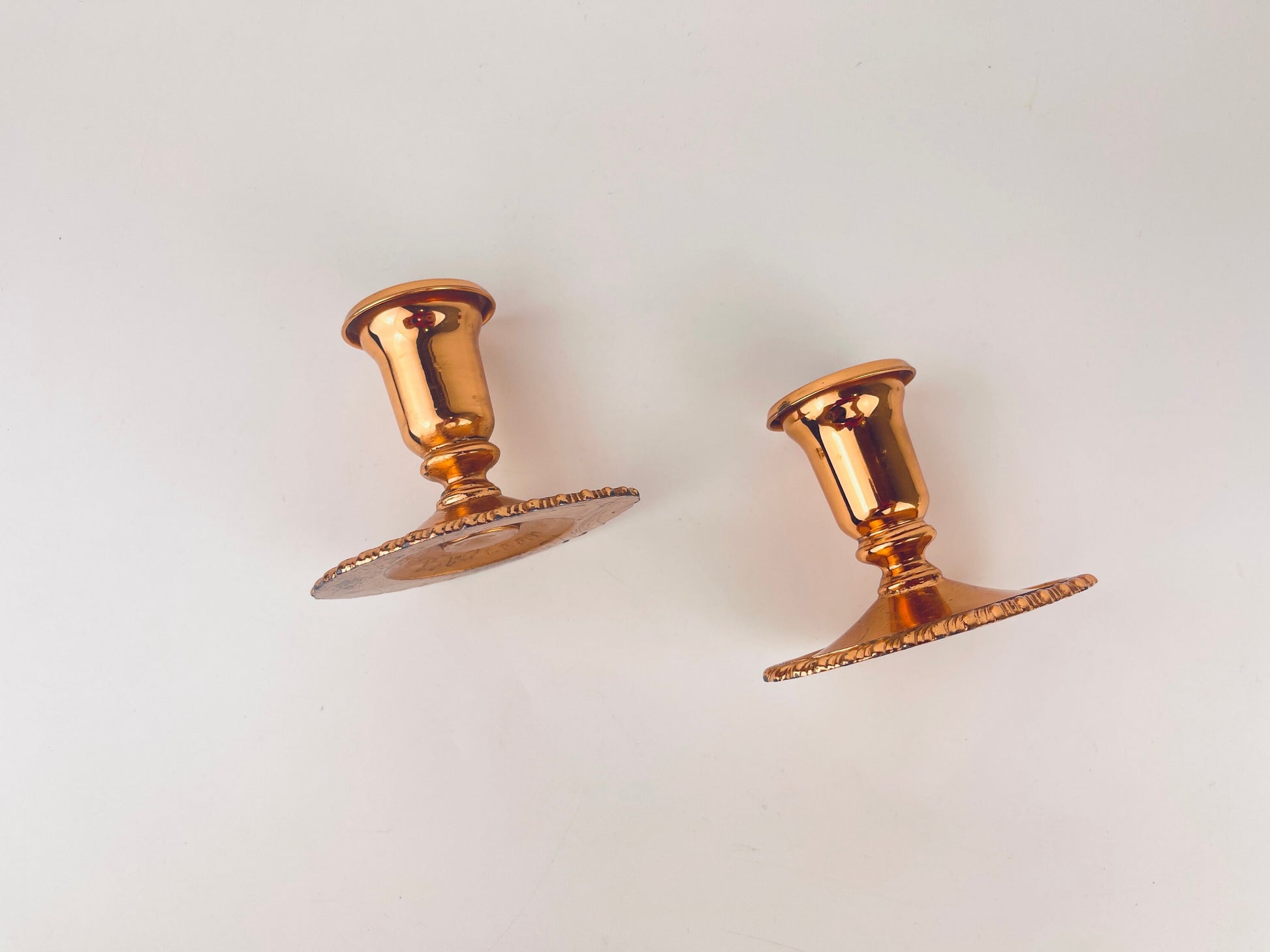 Product image for 'vintage copper plated candlestick holders set of two 2 coronet plate e p lead attractive aged metal patina' (view 9660f1)