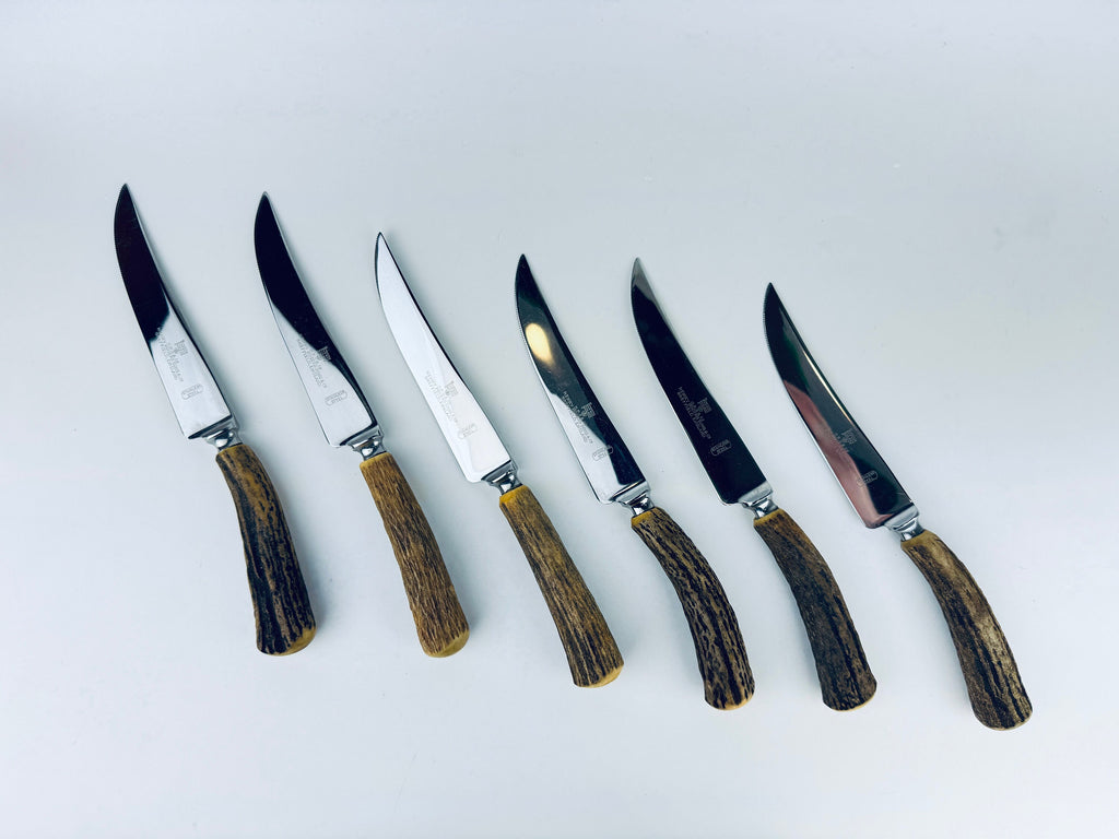 Product image for 'vintage genuine antler handles henry rogers sons co serrated stainless steel steak knife set set of six 6 made in england' (view bcc5d4)