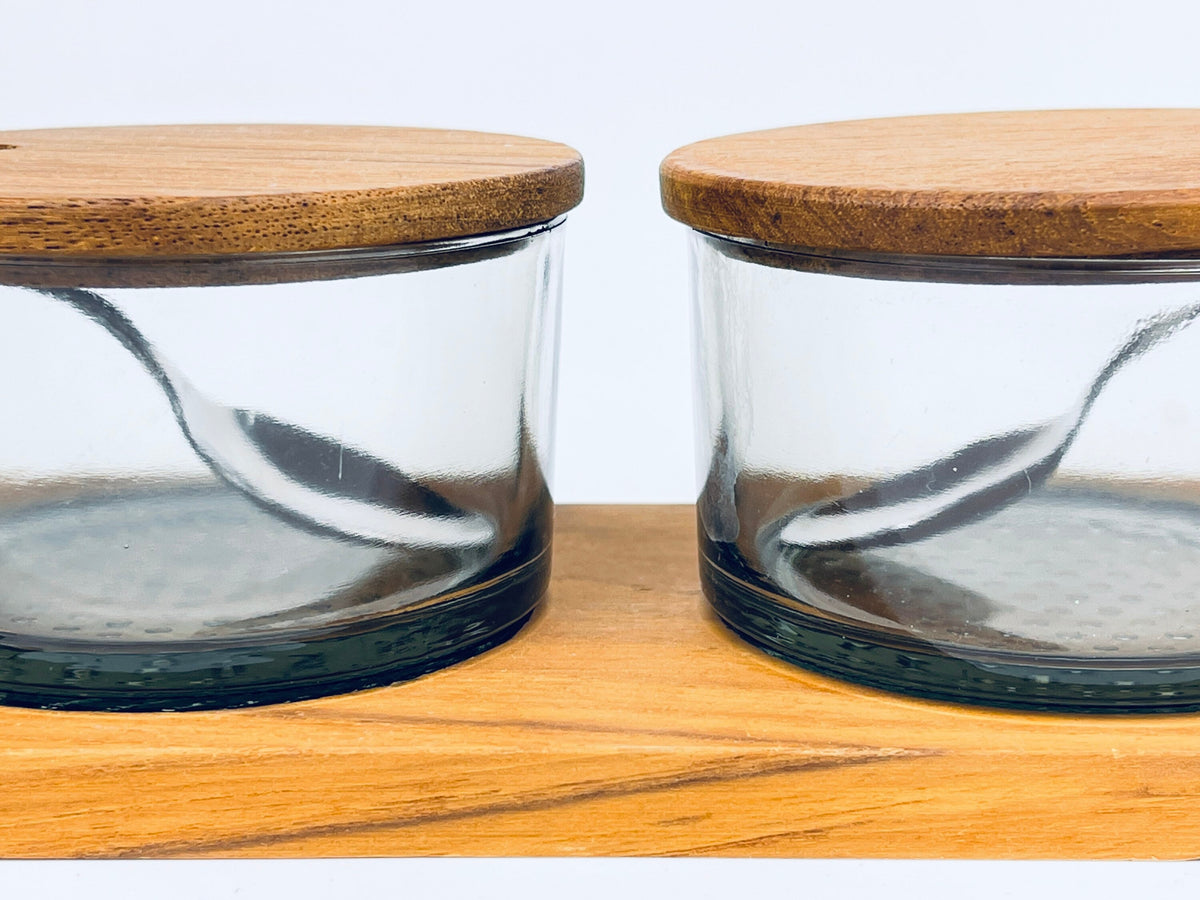 Product image for 'vintage luthje danish preserve set appetizer dinner party serve ware wood tray glass containers made in denmark' (view 753bcb)