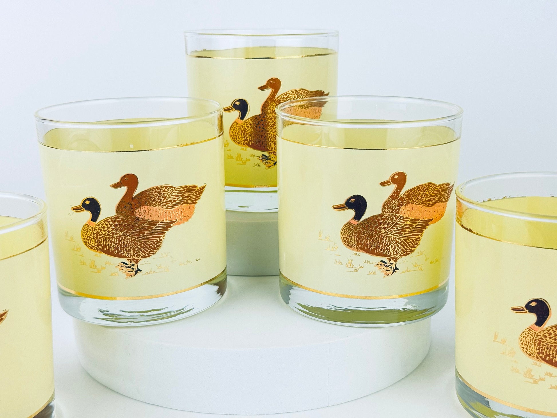 Product image for 'vintage gold stripe and beige duck duo lowball glasses set of five 5 perfect hunter gift' (view f659a4)