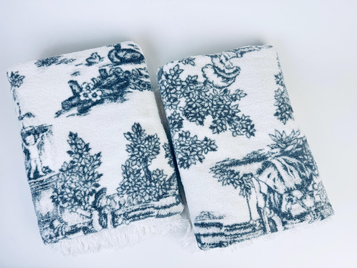 Product image for 'vintage toile print white dark grey fringe bath towel made in canada by wabasso 100 cotton towels sold separately' (view 9f1fbb)