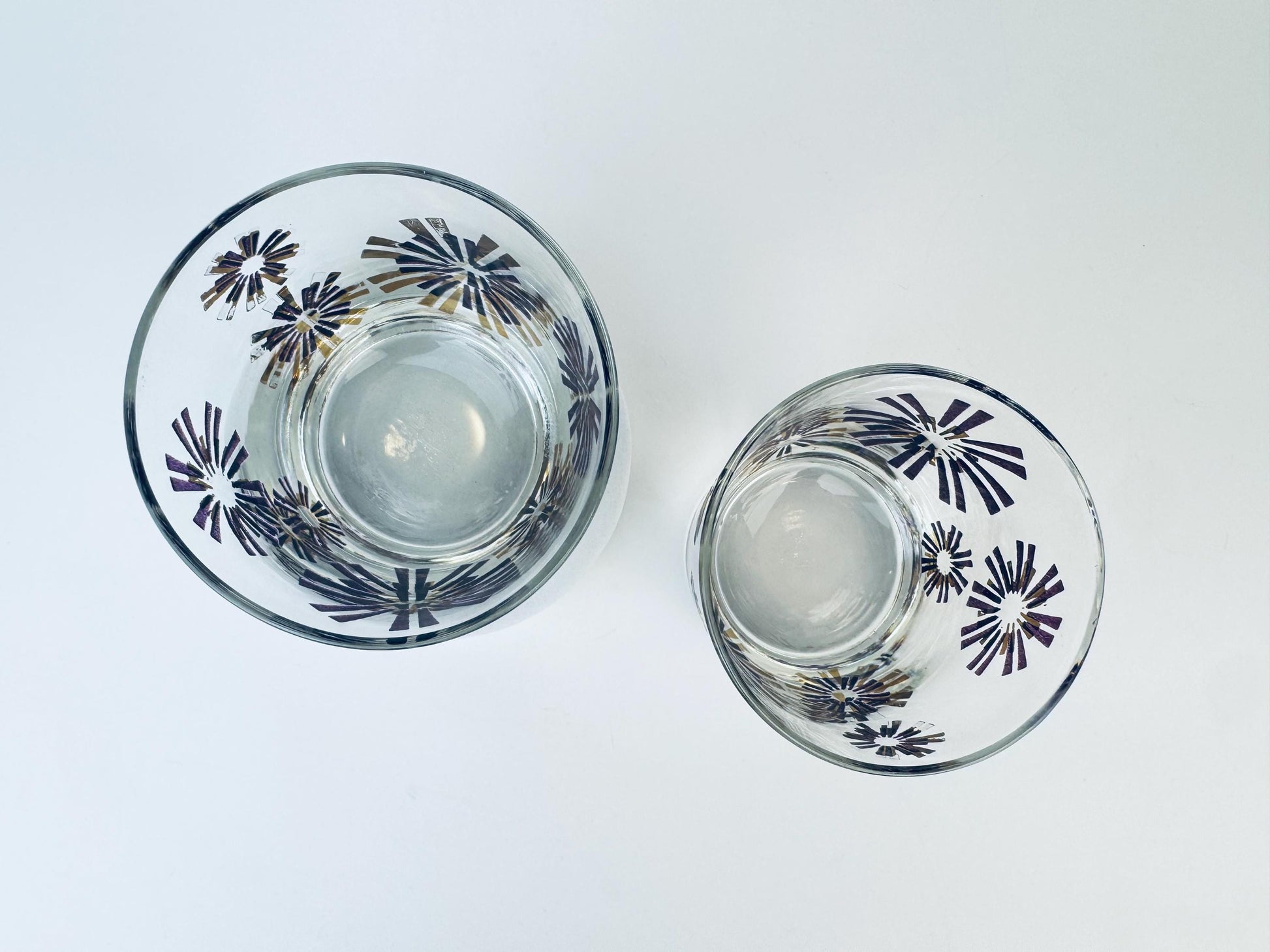 Product image for 'vintage libbey gold purple atomic starburst low ball drinking glasses set of two 2' (view 5501ad)