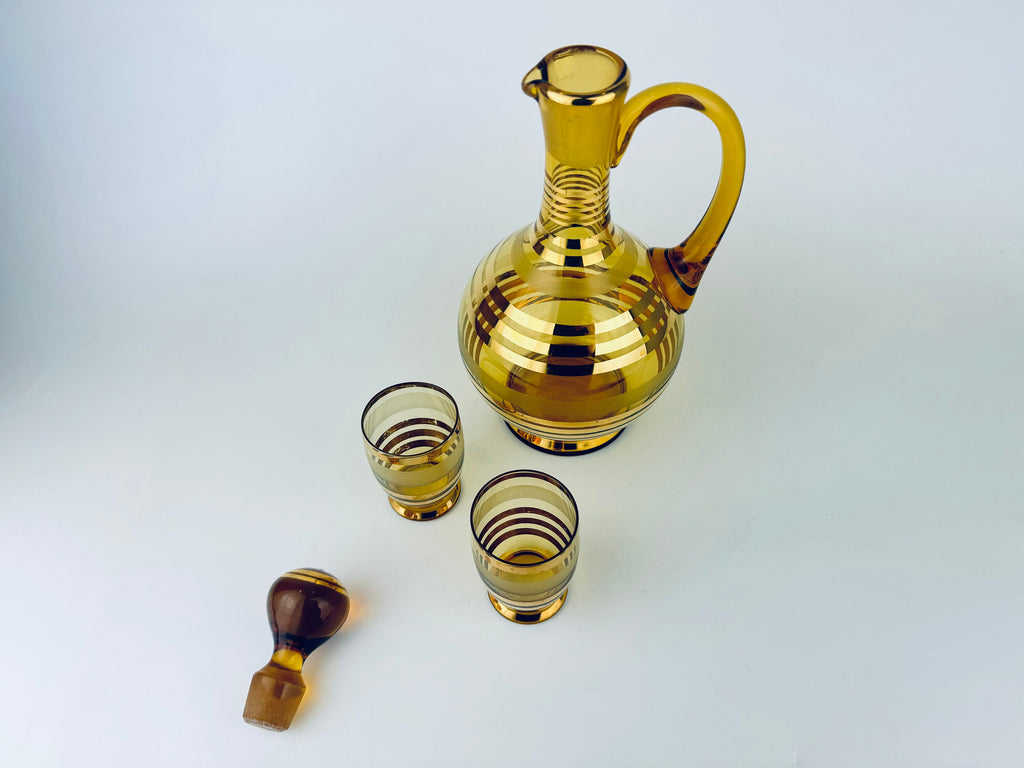 Product image for 'vintage amber gold striped glass barware set decanter shot glasses bohemia crystal barware gift' (view 9b5561)