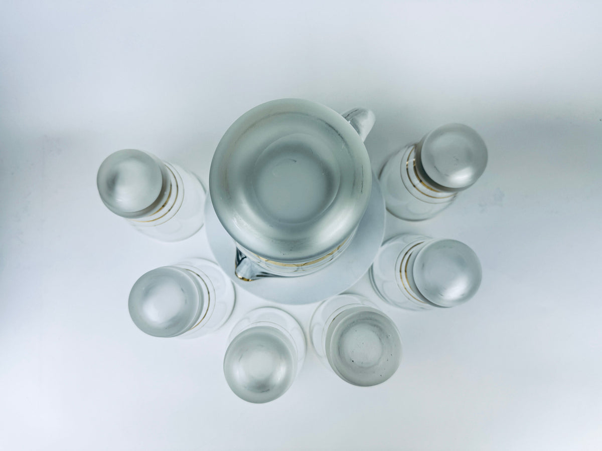 Product image for 'vintage gold striped frosted glass decanter glassware barware set six 6 glasses' (view f941c6)