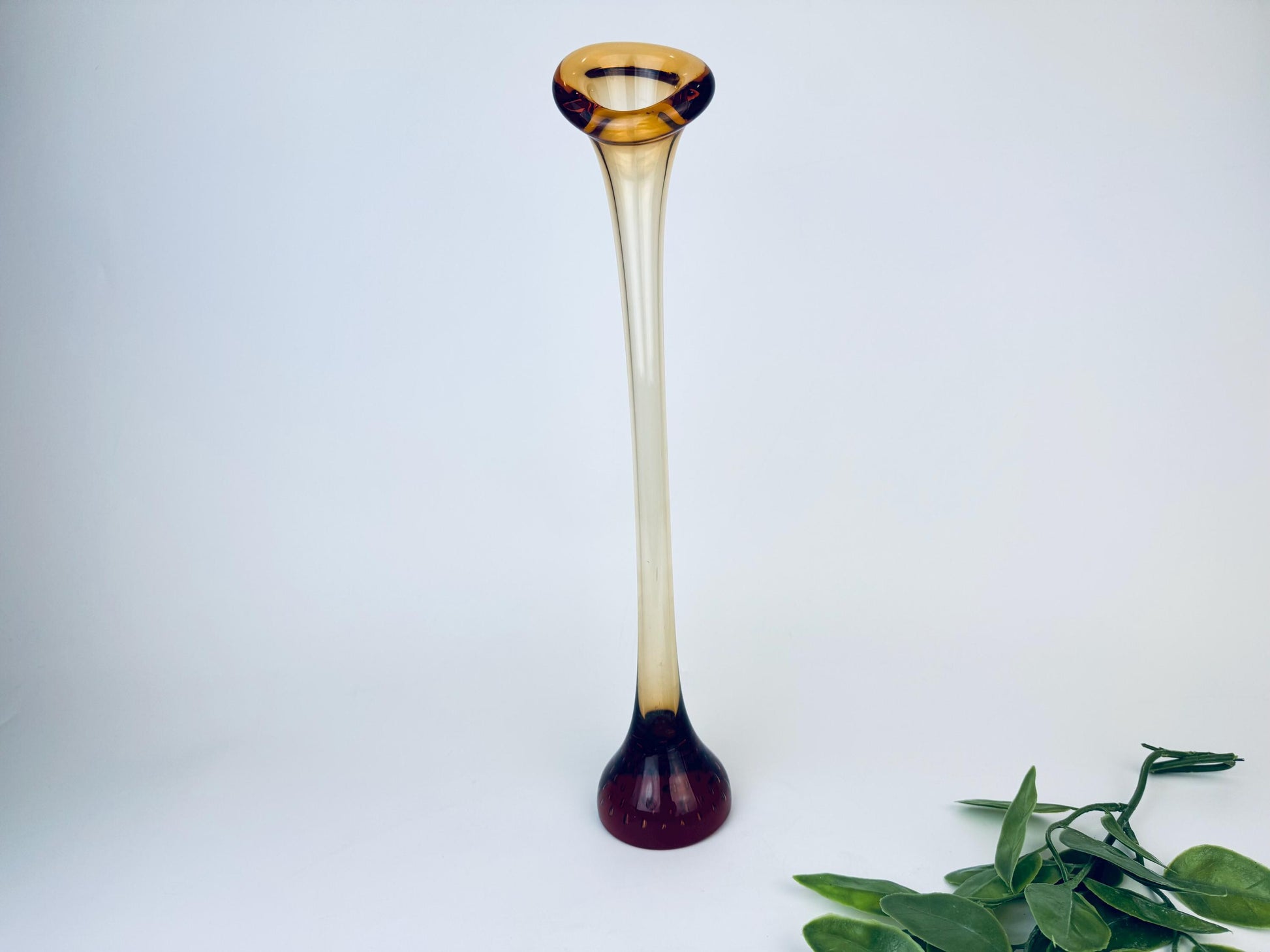 Product image for 'vintage gematex tall crystal glass vase hand blown amber brown controlled bubble base made in sweden' (view 3a9cea)