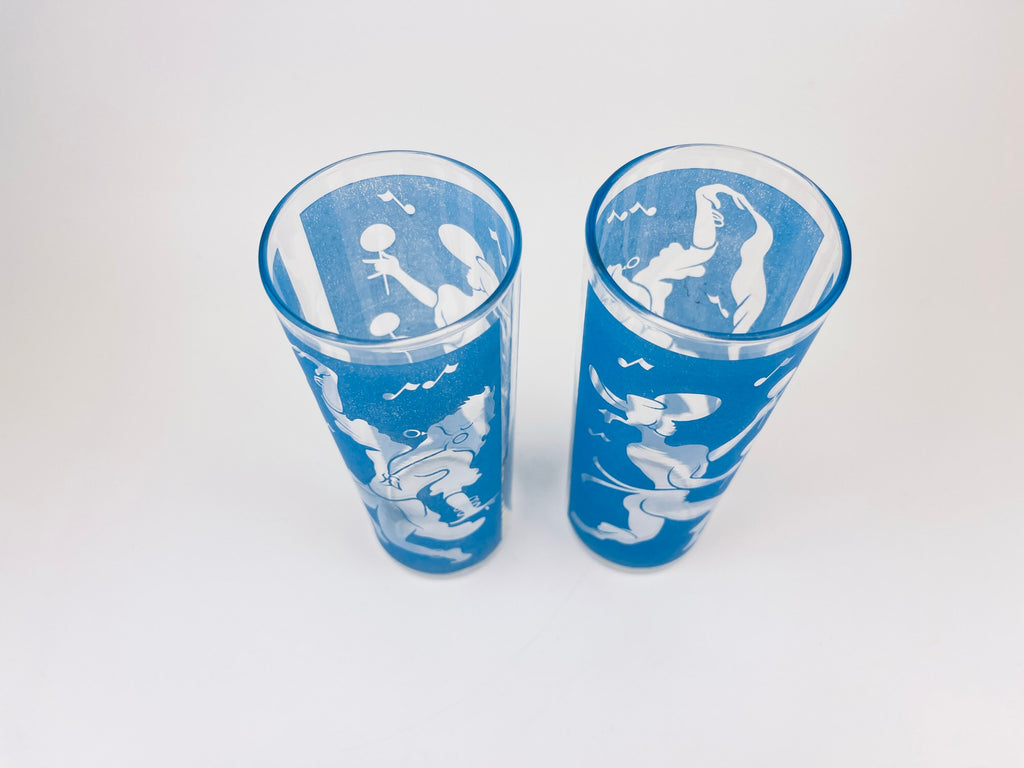 Product image for 'vintage blue frosted dancing silhouette highball zombie glasses set of two 2 juice barware glasses' (view c46892)