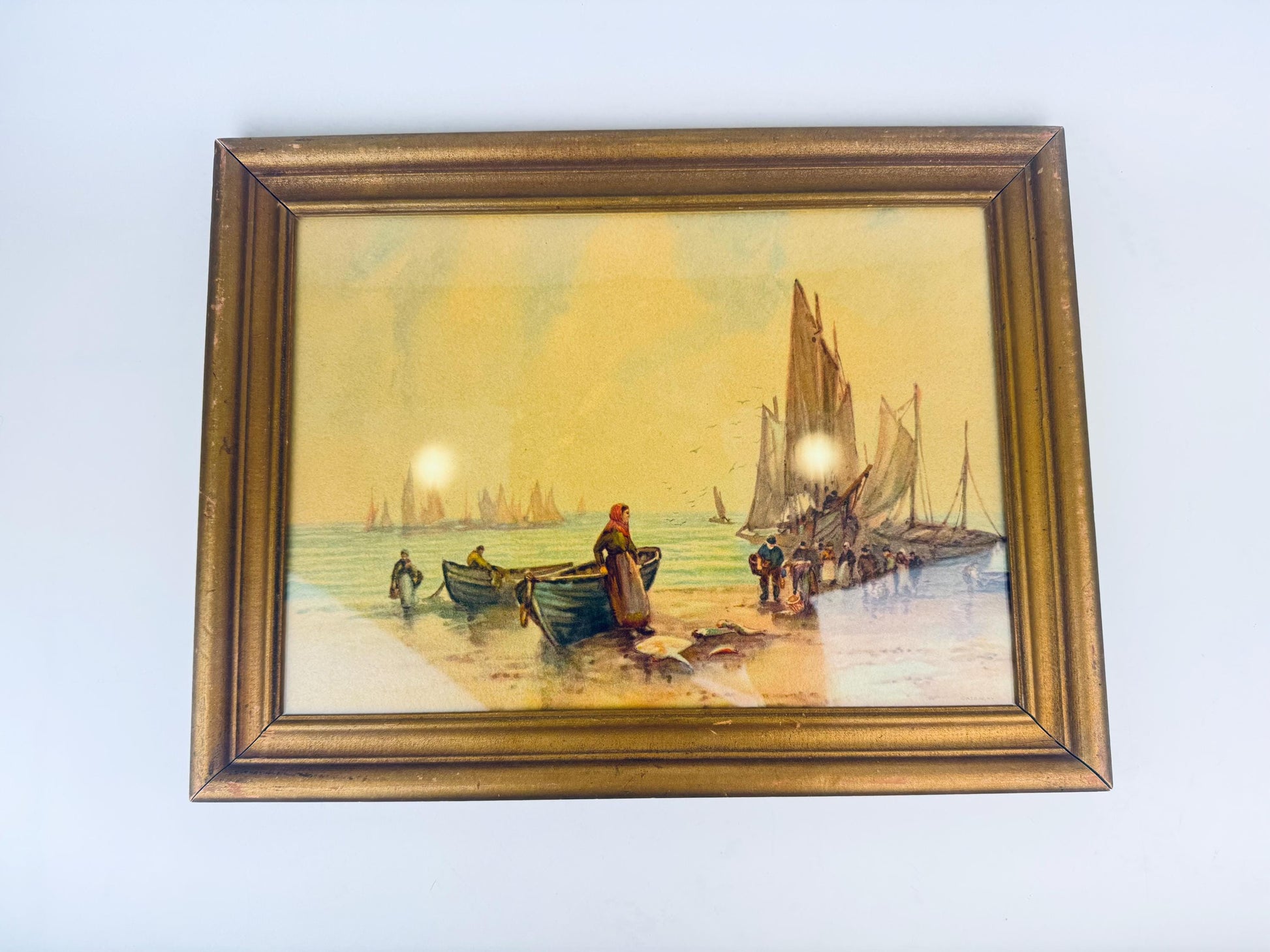 Product image for 'vintage framed coastal lithograph art whitby sands maritime scene m b r inc ny 1940s seaside print' (view be1832)