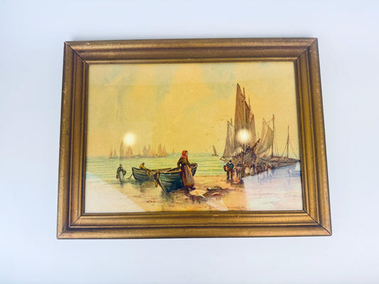 Product image for 'vintage framed coastal lithograph art whitby sands maritime scene m b r inc ny 1940s seaside print' (view be1832)