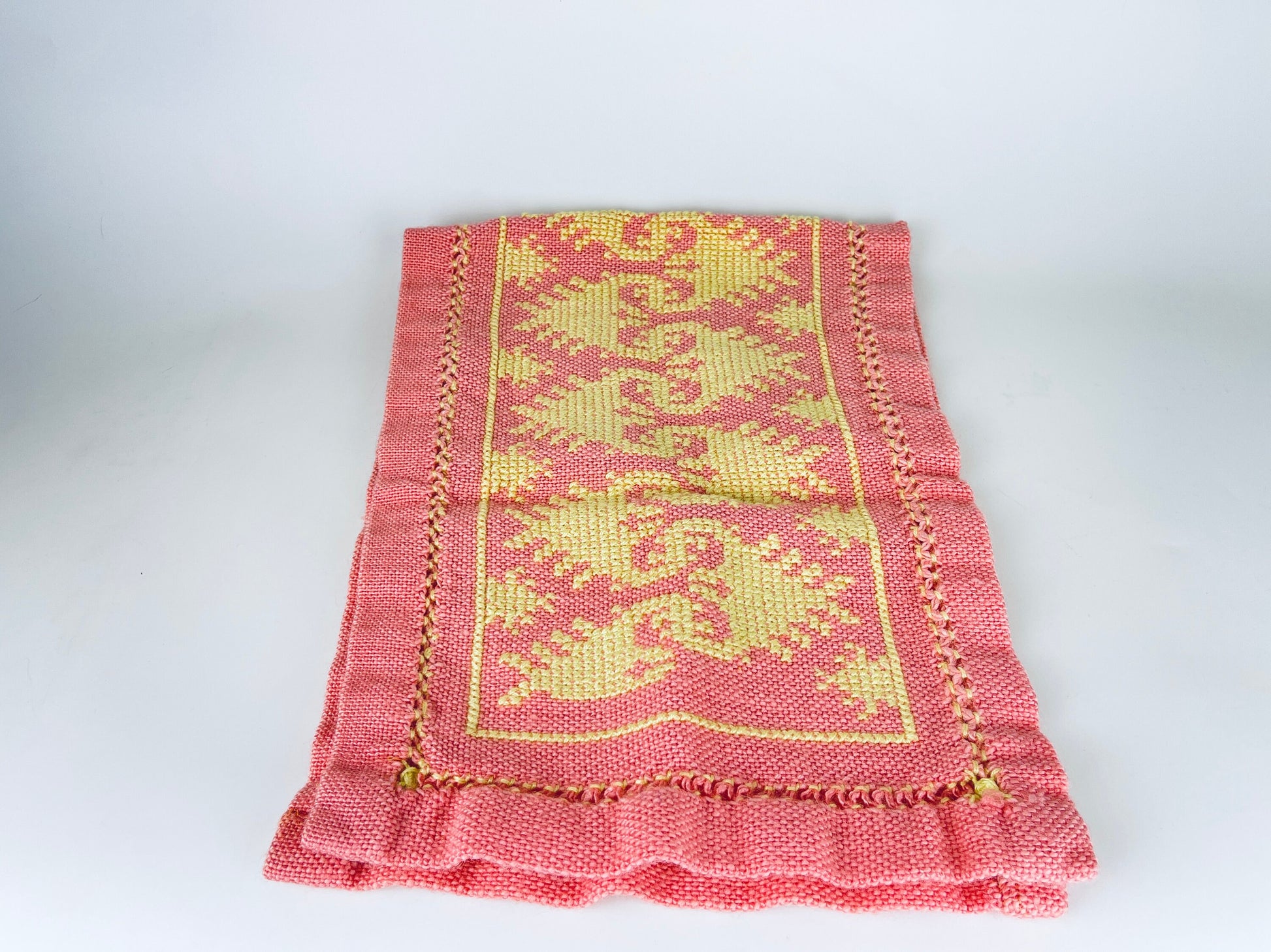 Product image for 'vintage pink yellow hand embroidered rectangular table runner geometric pattern' (view ec8bad)