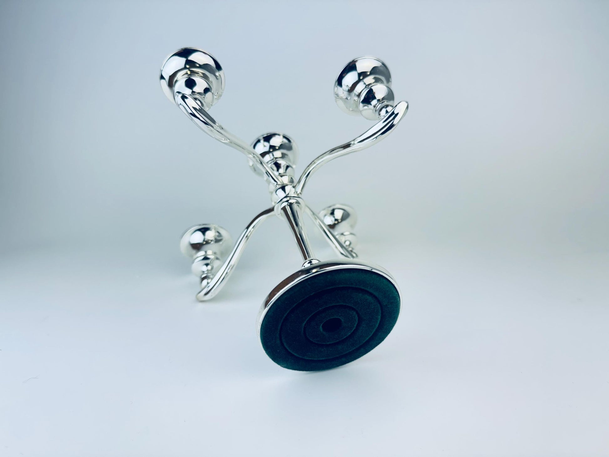 Product image for 'vintage ornate silver plated candelabra candlestick holder green felt bottom made in england' (view 65a7fb)
