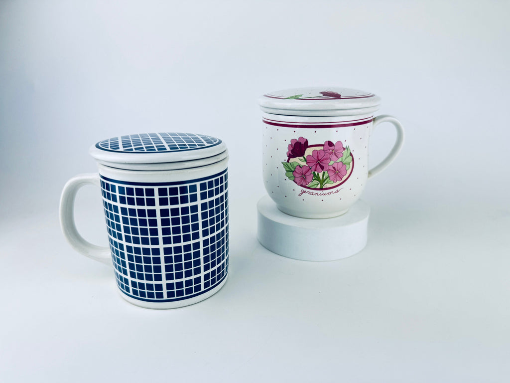 Product image for 'vintage ceramic tea mugs blue plaid pink geraniums design sold separately' (view d055aa)