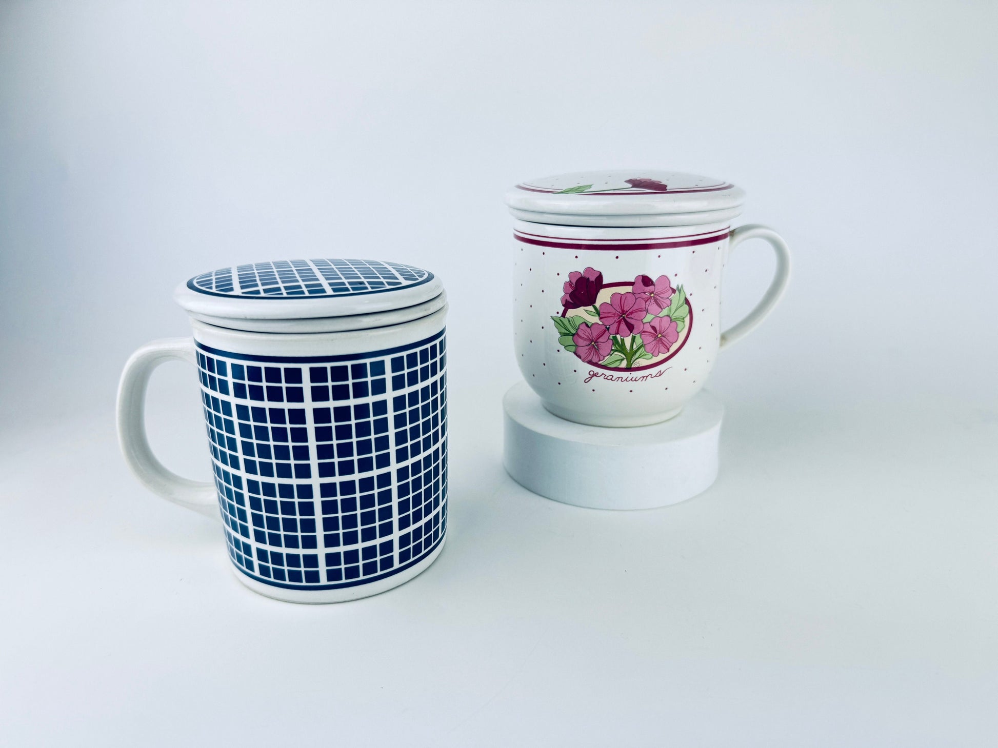 Product image for 'vintage ceramic tea mugs blue plaid pink geraniums design sold separately' (view d055aa)