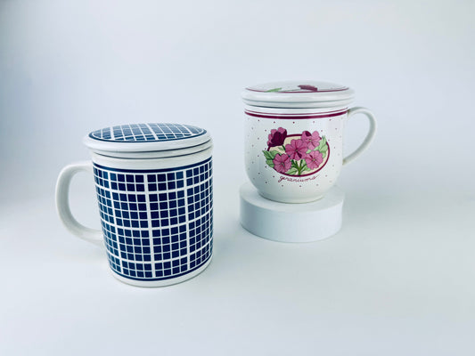 Product image for 'vintage ceramic tea mugs blue plaid pink geraniums design sold separately' (view d055aa)