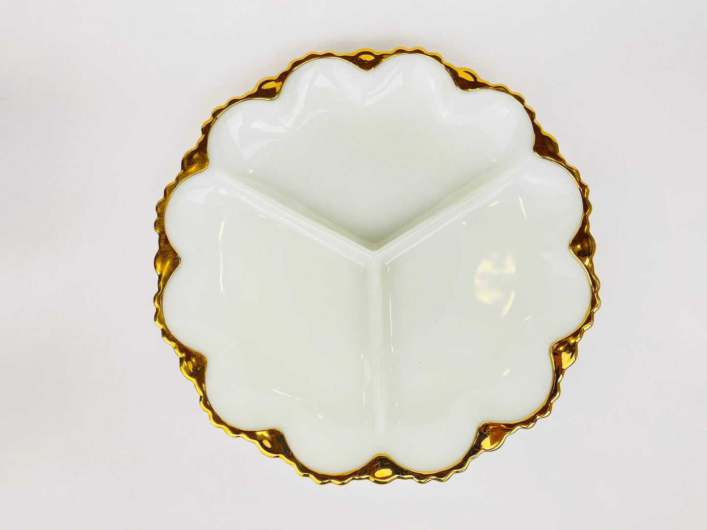 Product image for 'vintage anchor hocking milk glass divided serving dish gold rimmed edge' (view c36689)