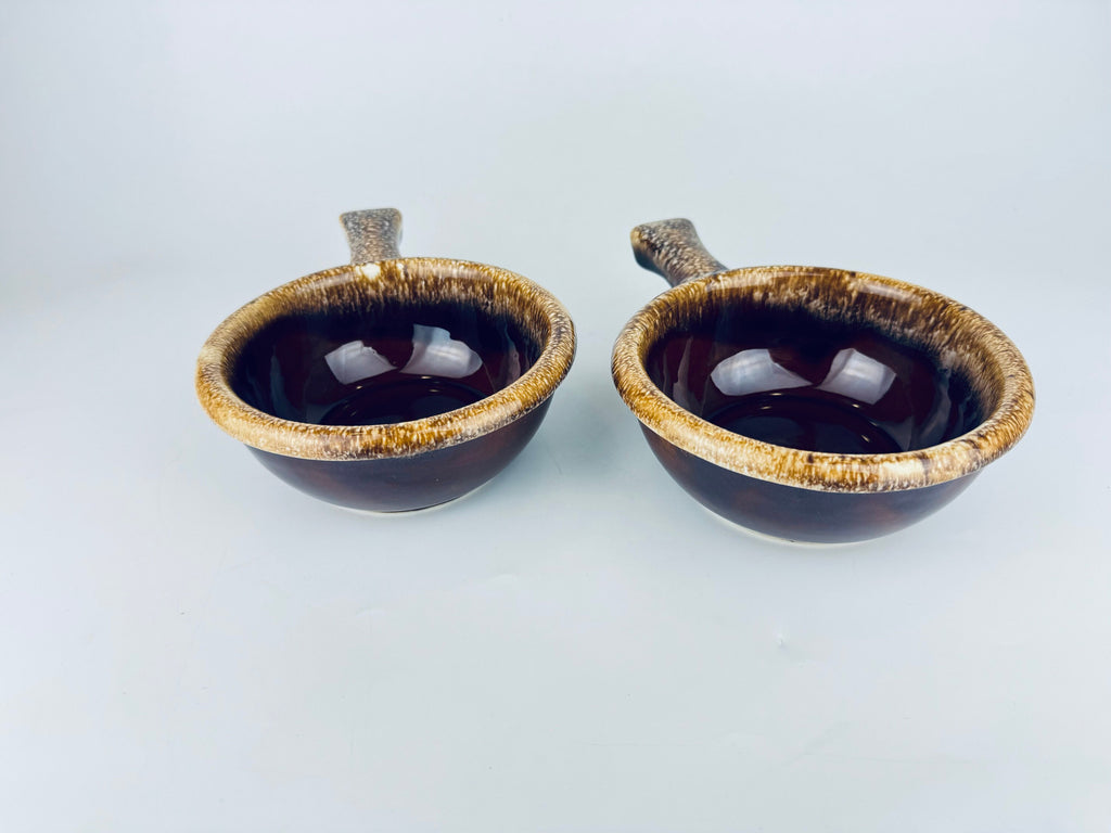 Product image for 'vintage hull oven proof usa handled soup bowls set of two 2 ceramic drip glazed brown' (view 4843a9)