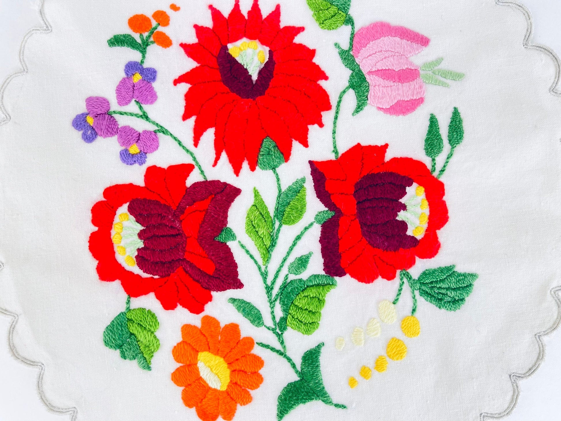 Product image for 'vintage circular scalloped edge folks floral pattern table linen doily' (view b3420a)