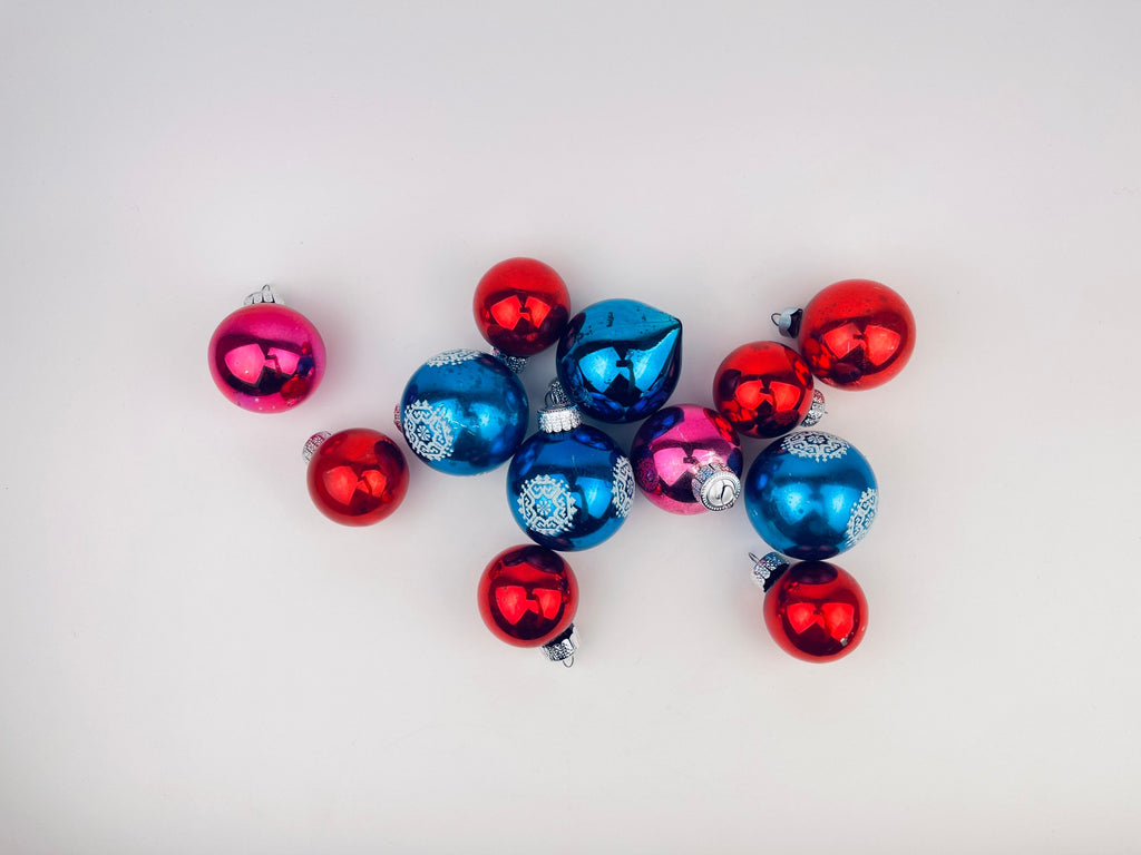 Product image for 'vintage shiny red blue pink glass christmas ornaments set of twelve 12 made in eastern germany' (view b24b54)