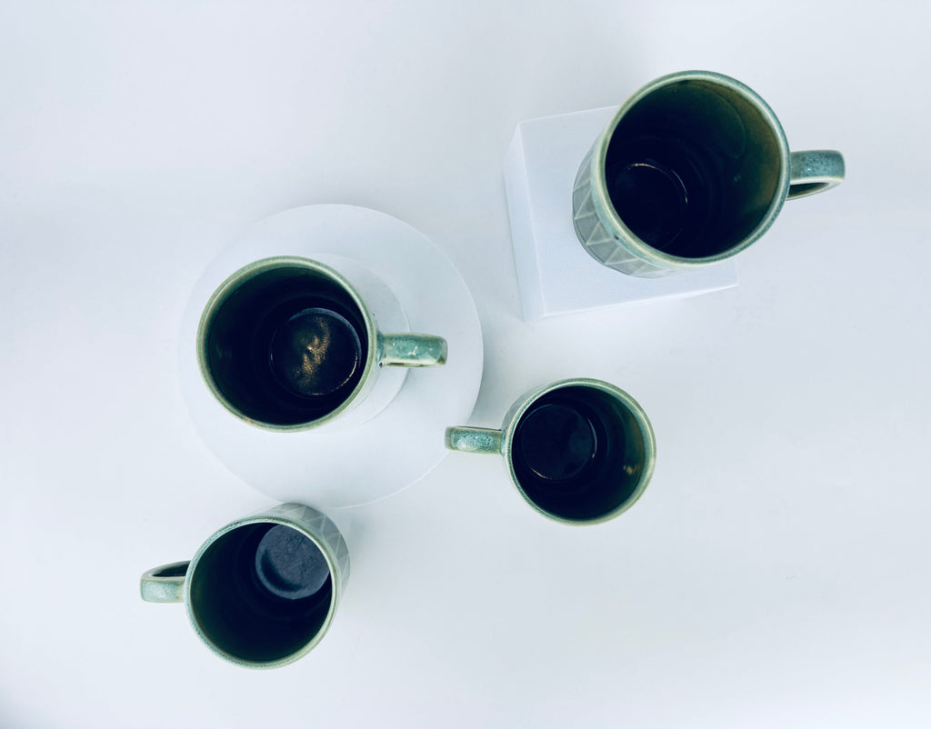 Product image for 'vintage green beige geometric drip glazed ceramic coffee tea mugs set of four 4 sets sold separately made in japan' (view 1e1865)