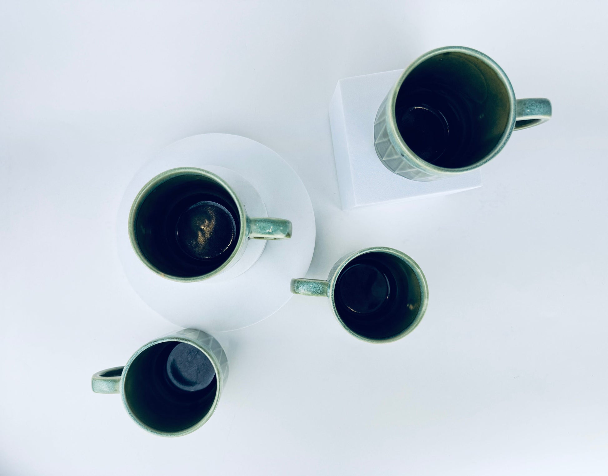 Product image for 'vintage green beige geometric drip glazed ceramic coffee tea mugs set of four 4 sets sold separately made in japan' (view 1e1865)