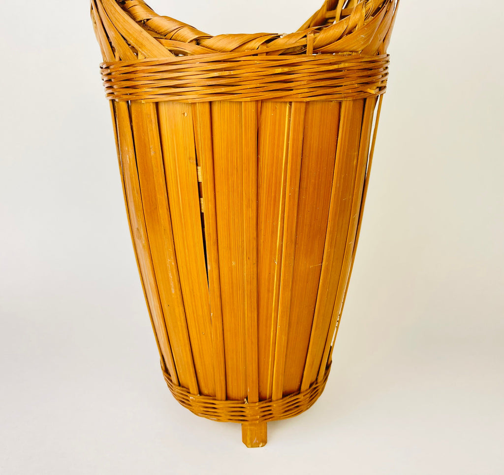 Product image for 'vintage 1970s tall wicker wine basket with pedestal base handle' (view dbd159)