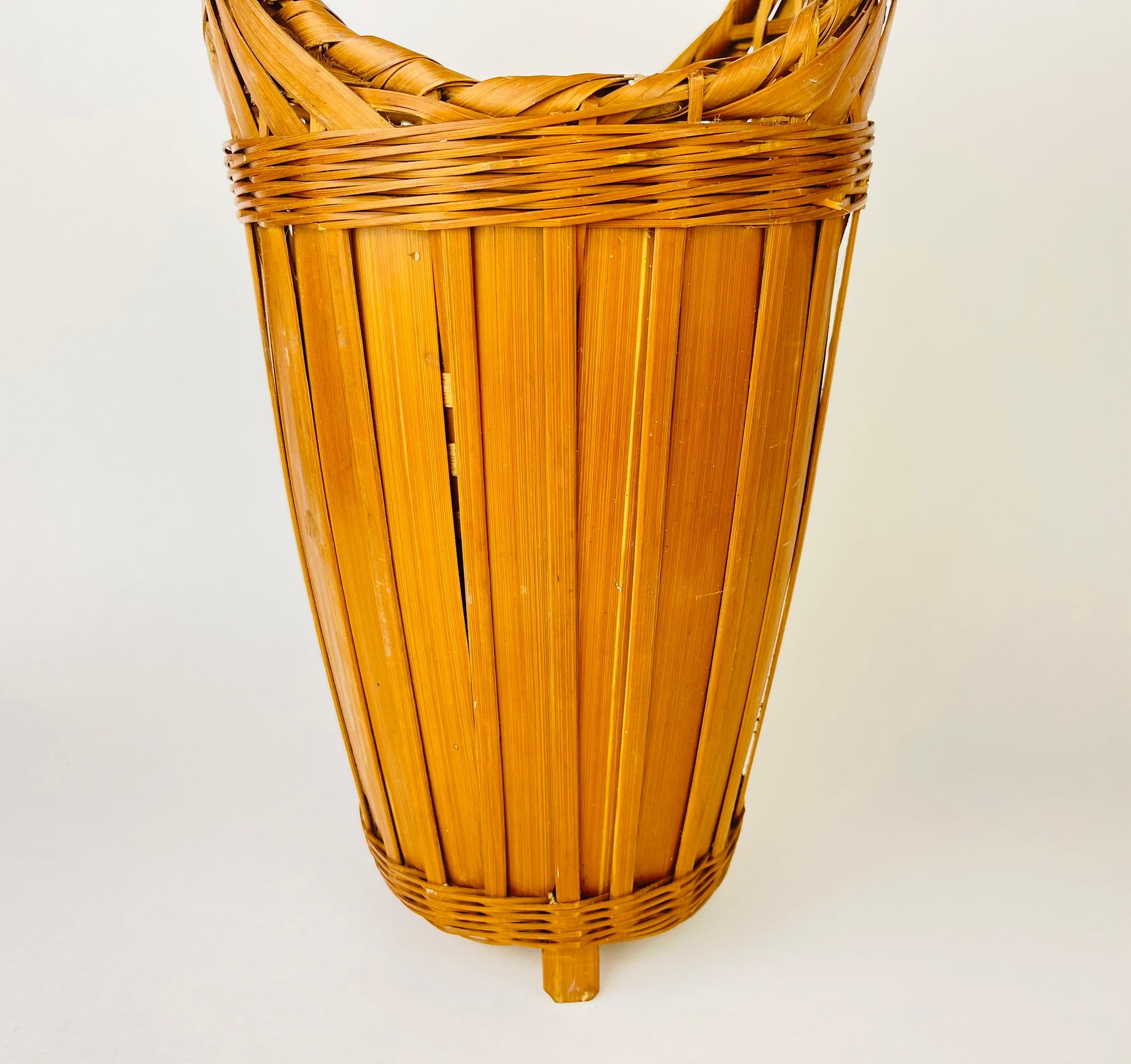 Product image for 'vintage 1970s tall wicker wine basket with pedestal base handle' (view dbd159)