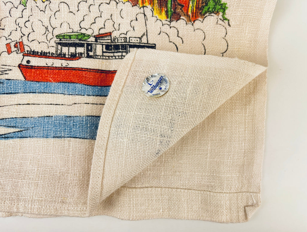 Product image for 'vintage niagara falls canada tea towel multicolour 1960s linen souvenir maid of the mist horseshoe falls floral clock' (view 516b24)