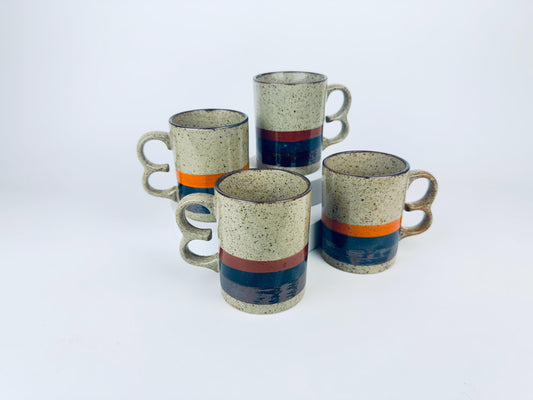 Product image for 'vintage 1970s stoneware mugs speckled glaze with bold stripes double loop handles set of 4 retro coffee cups' (view bb88ec)