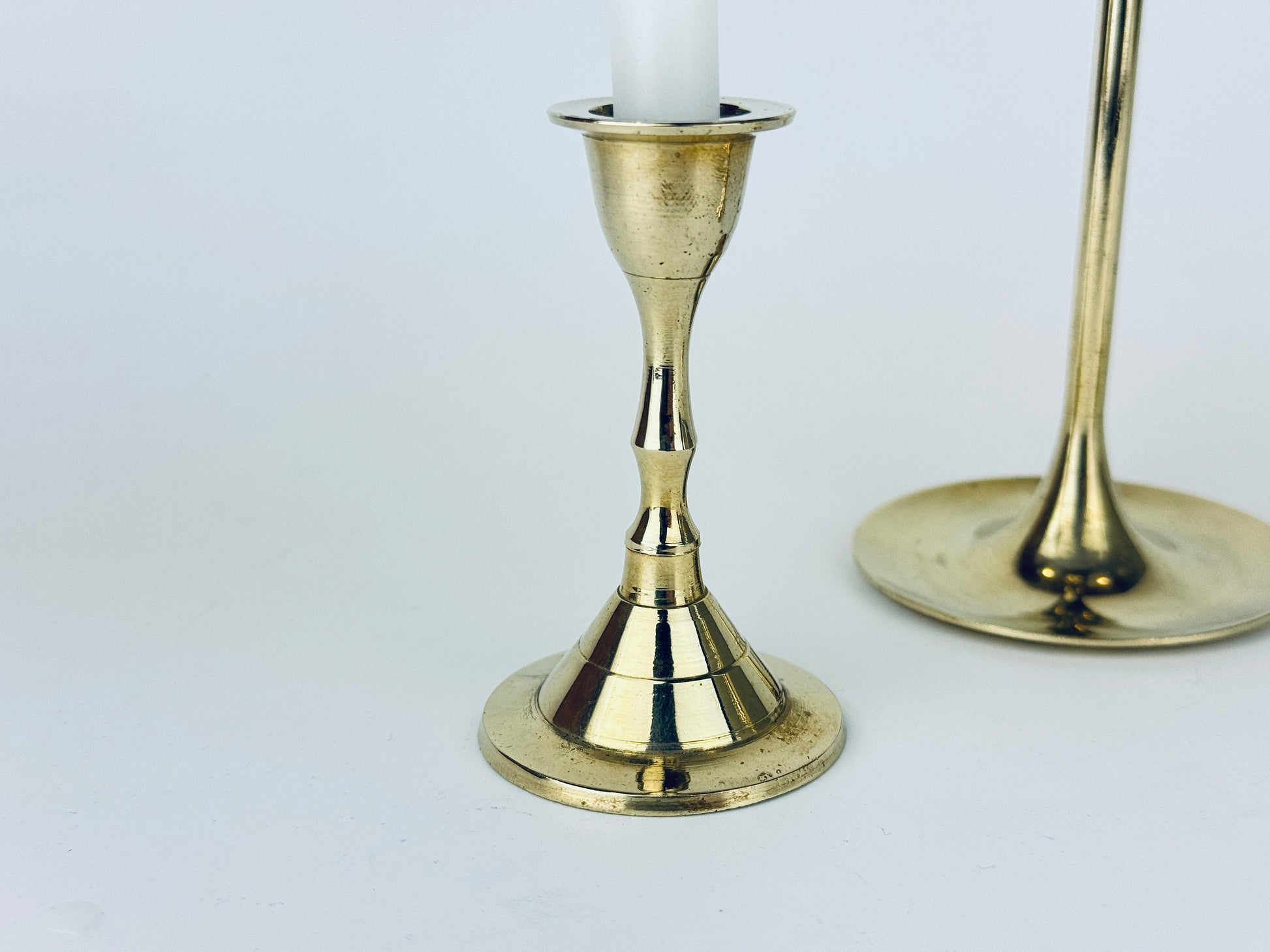 Product image for 'vintage tabletop brass small mini spell prayer candle stick holders mixed lot of three 3 attractive aged metal patina' (view 715428)