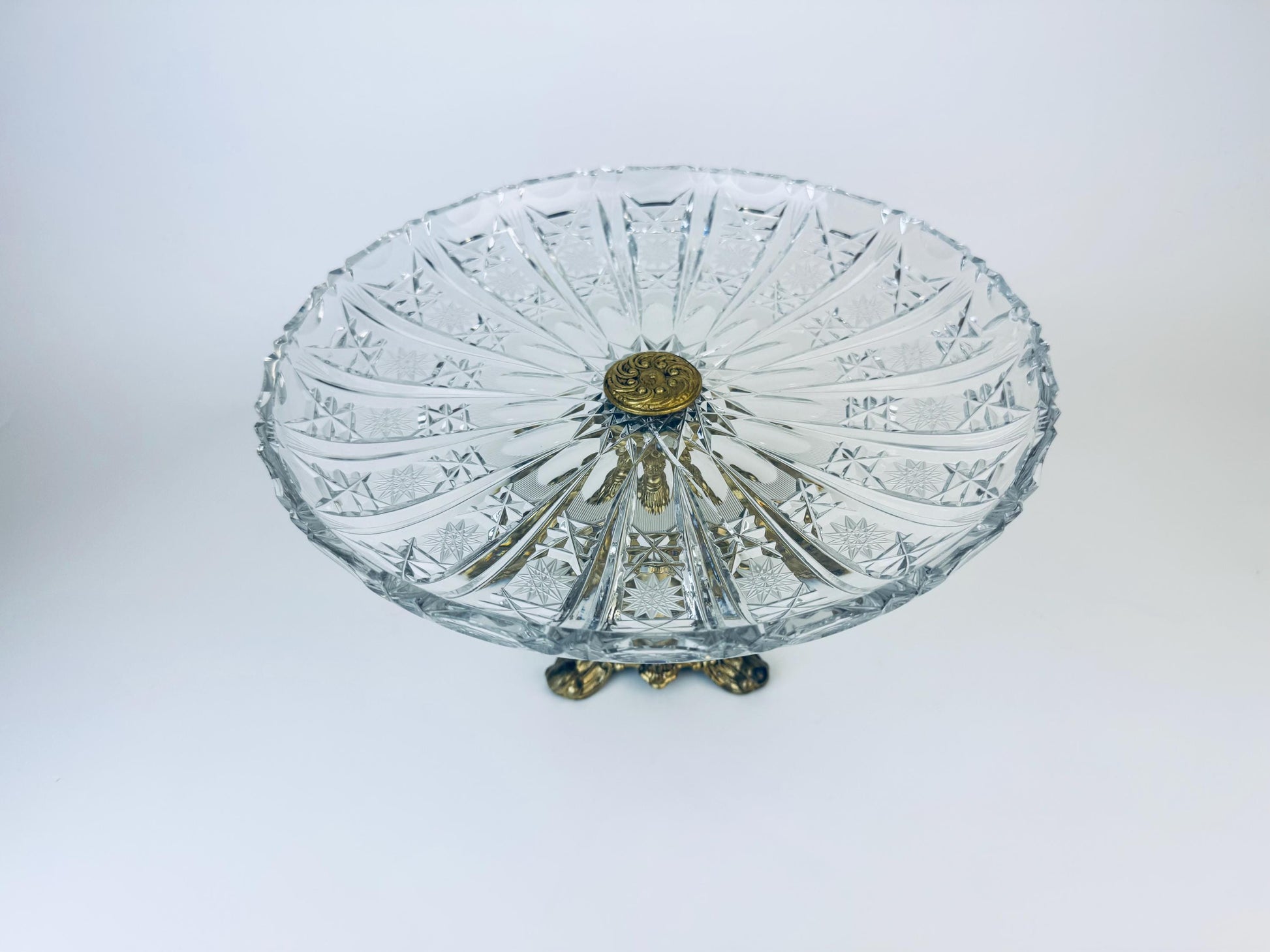 Product image for 'vintage ornate cut crystal cast brass pedestal platter attractive aged metal patina' (view 426311)