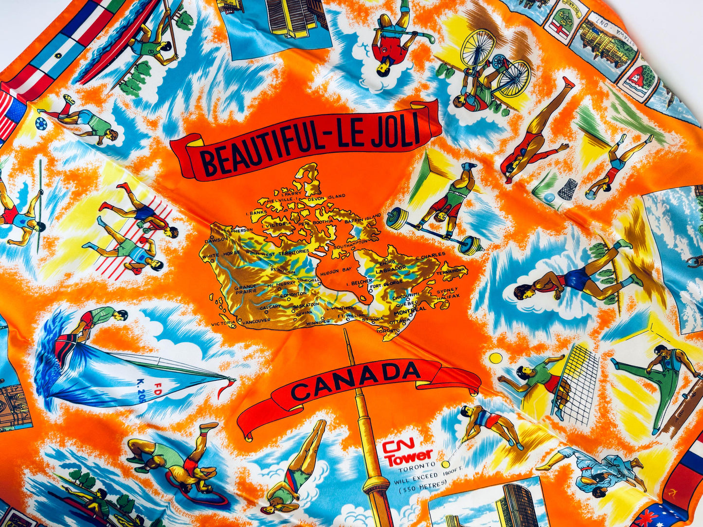 Product image for 'vintage beautiful le joli canada souvenir silk scarf table cloth canadian national exhibition toronto' (view ed8992)