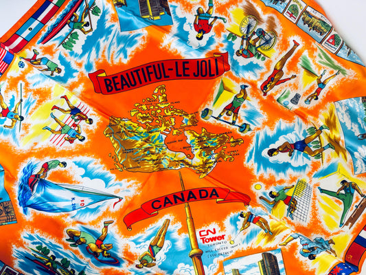 Product image for 'vintage beautiful le joli canada souvenir silk scarf table cloth canadian national exhibition toronto' (view ed8992)