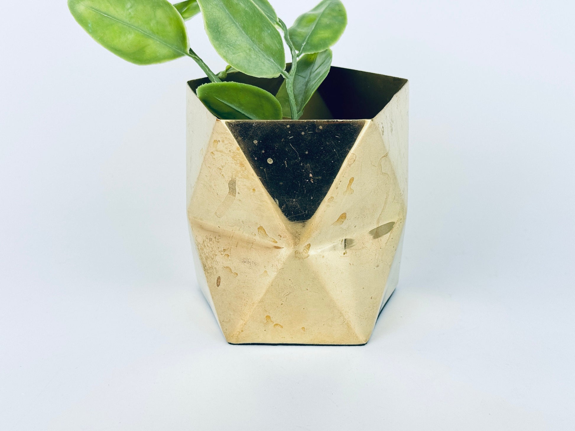 Product image for 'vintage solid brass geometric triangle shape vase attractive aged metal patina' (view 73c349)
