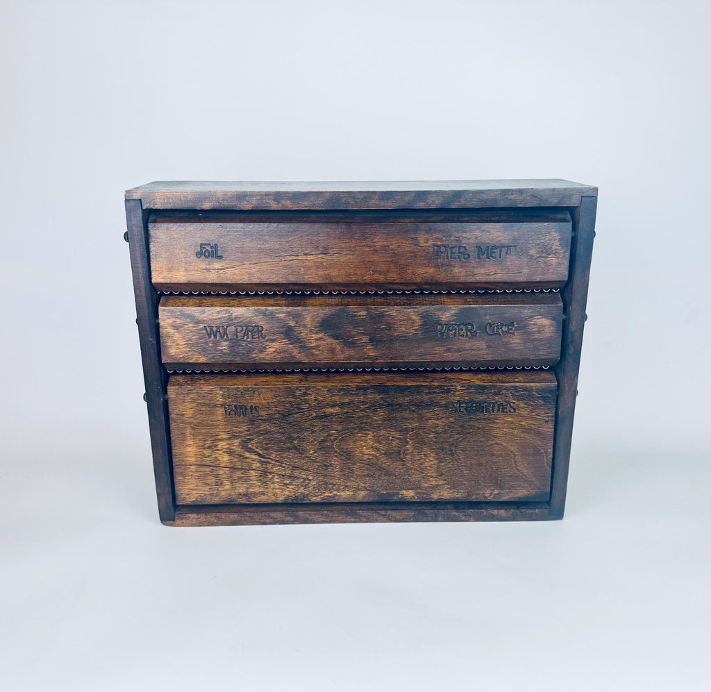 Product image for 'vintage mid century baribocraft wood dispenser 1960s wall mount foil wax paper towel holder rustic canadian kitchen organizer' (view 2a9fdd)