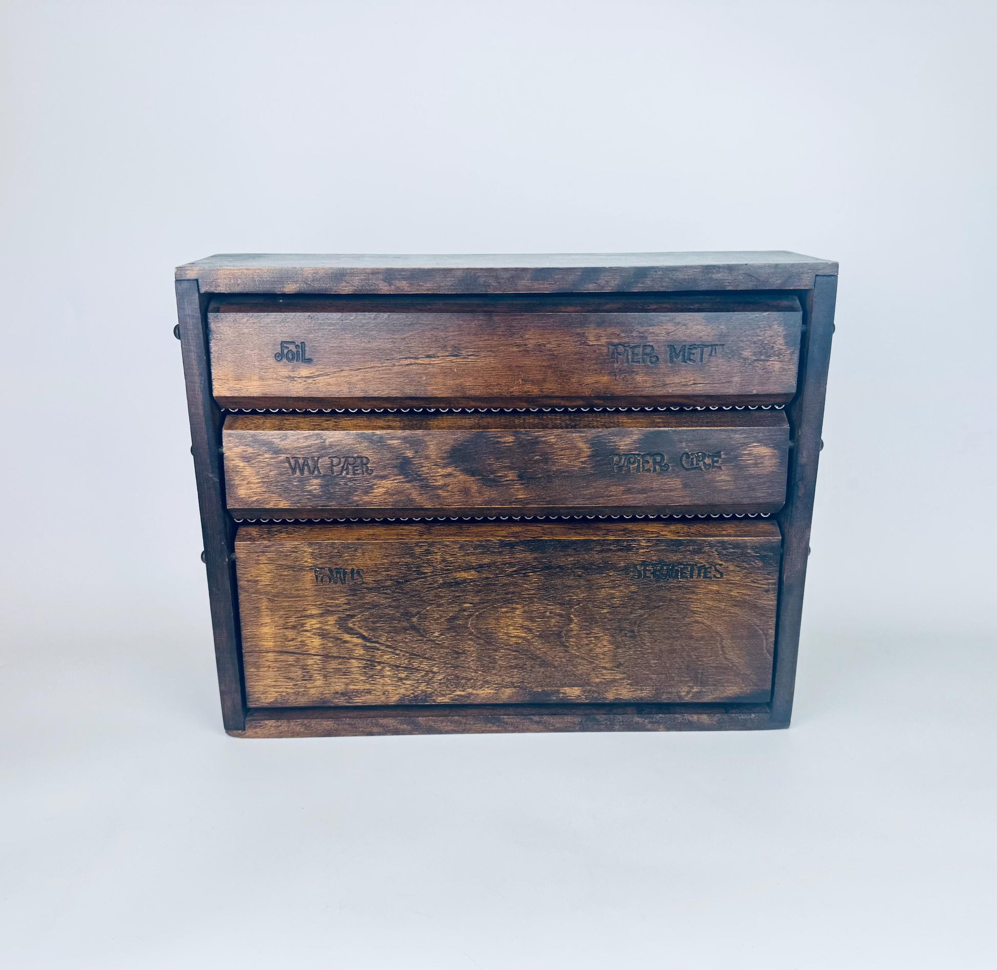 Product image for 'vintage mid century baribocraft wood dispenser 1960s wall mount foil wax paper towel holder rustic canadian kitchen organizer' (view 2a9fdd)