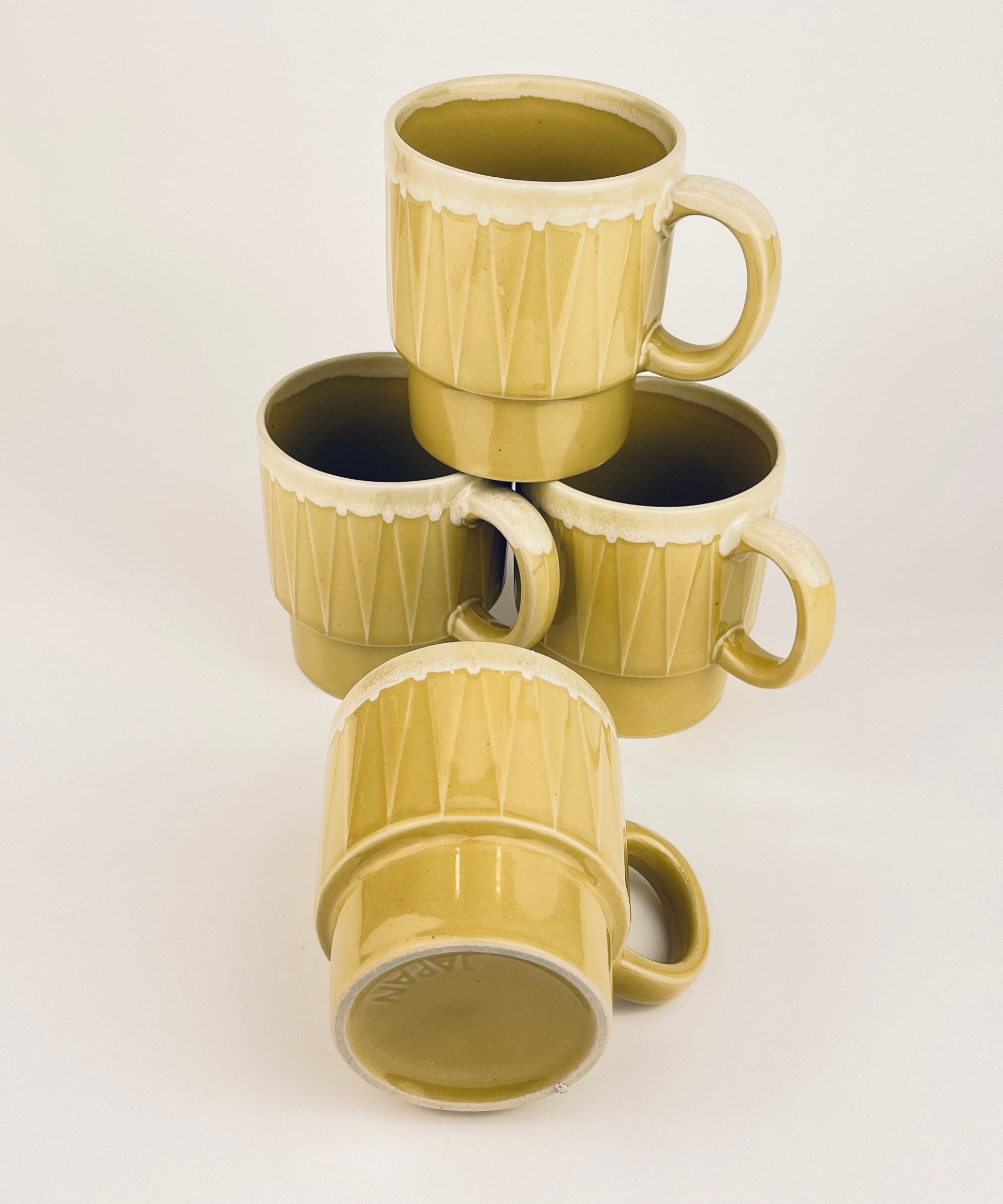 Product image for 'vintage green beige geometric drip glazed ceramic coffee tea mugs set of four 4 sets sold separately made in japan' (view 3b03f7)