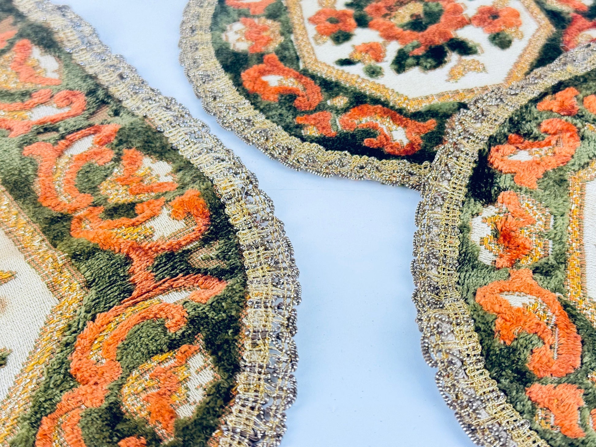 Product image for 'vintage round floral dressing table mats doilies set of three 3 metallic lace trim made in belgium' (view c26f79)